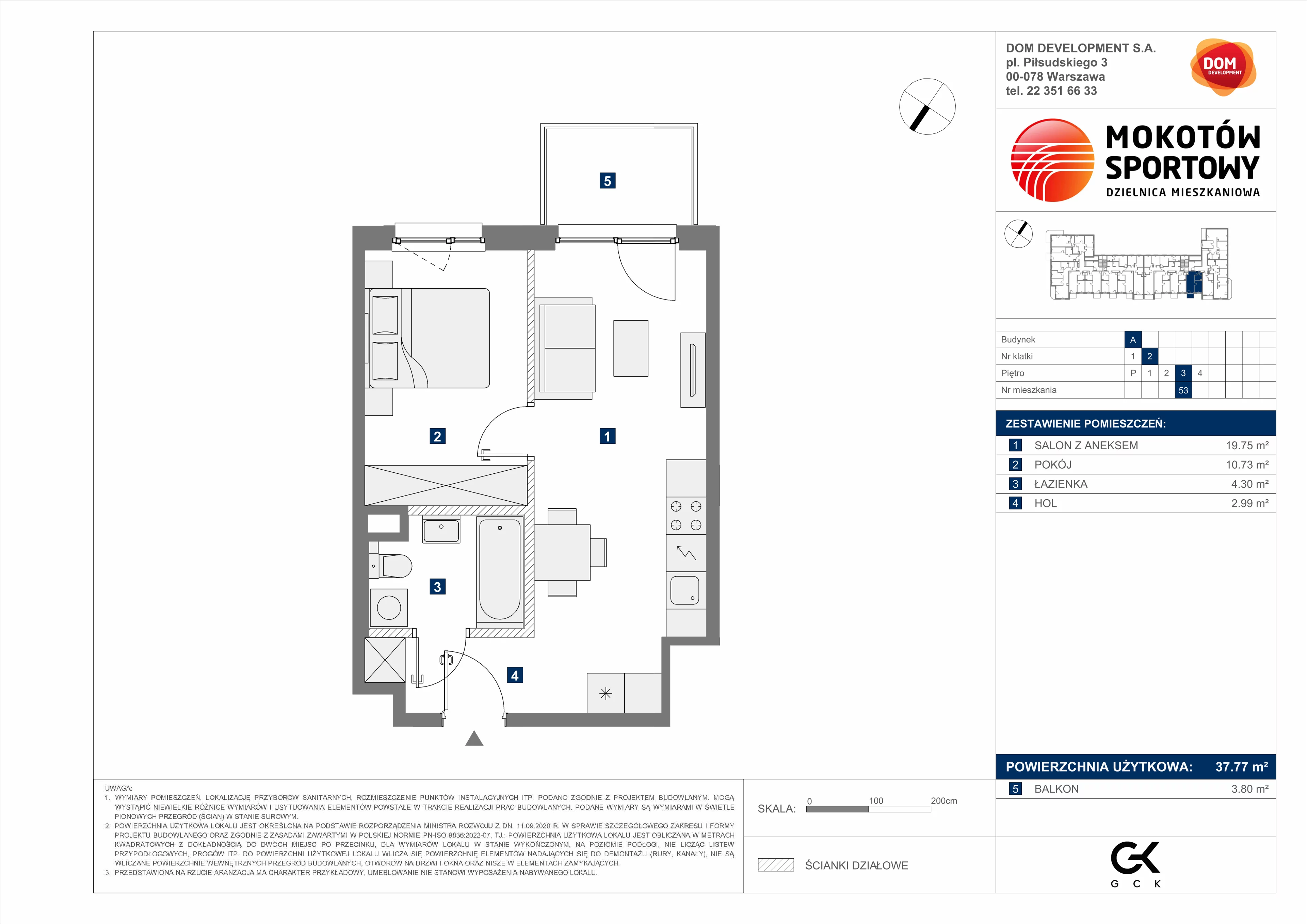 2 pokoje, mieszkanie 37,77 m², piętro 3, oferta nr A/53, Mokotów Sportowy 3, Warszawa, Mokotów, Augustówka, ul. Antoniewska