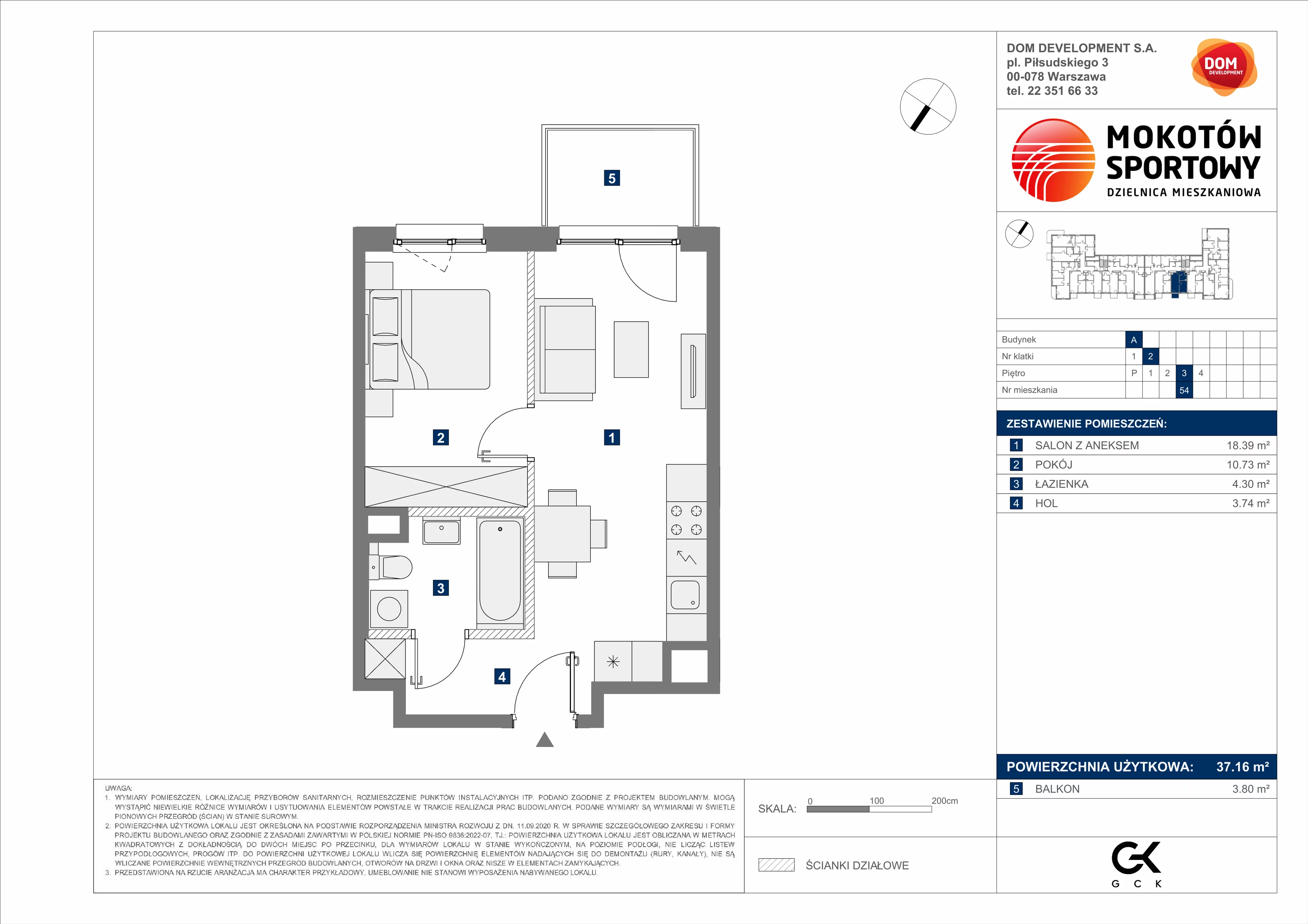 2 pokoje, mieszkanie 37,16 m², piętro 3, oferta nr A/54, Mokotów Sportowy 3, Warszawa, Mokotów, Augustówka, ul. Antoniewska