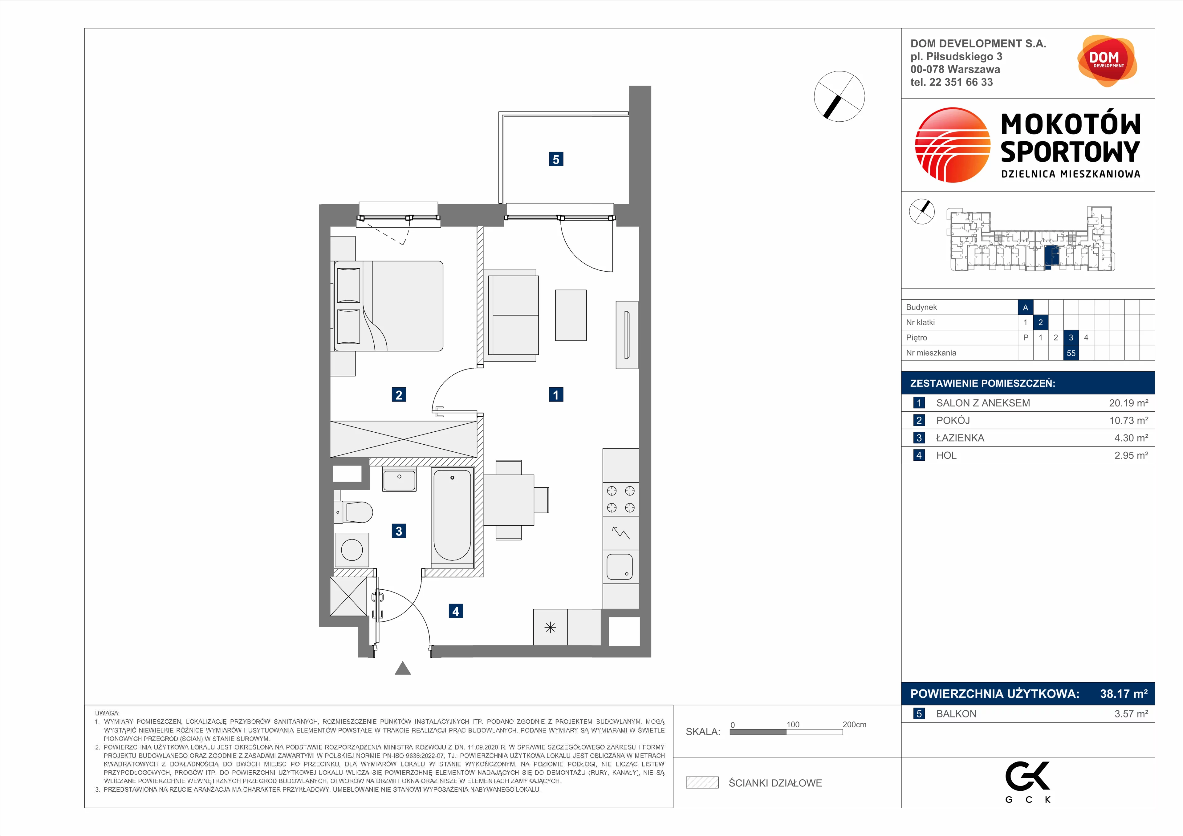 2 pokoje, mieszkanie 38,17 m², piętro 3, oferta nr A/55, Mokotów Sportowy 3, Warszawa, Mokotów, Augustówka, ul. Antoniewska