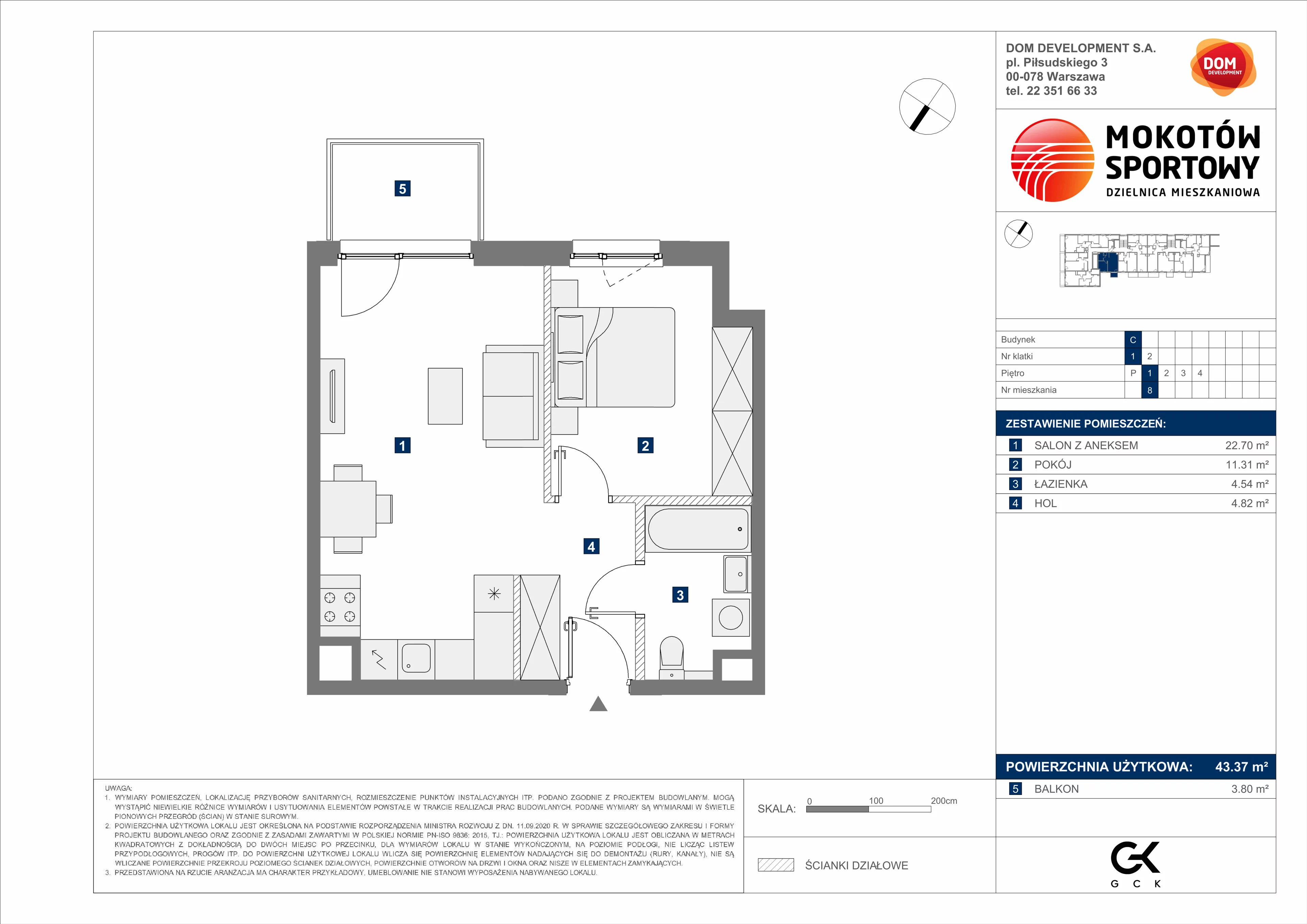 2 pokoje, mieszkanie 43,37 m², piętro 1, oferta nr C/8, Mokotów Sportowy 1 B, Warszawa, Mokotów, Augustówka, ul. Antoniewska
