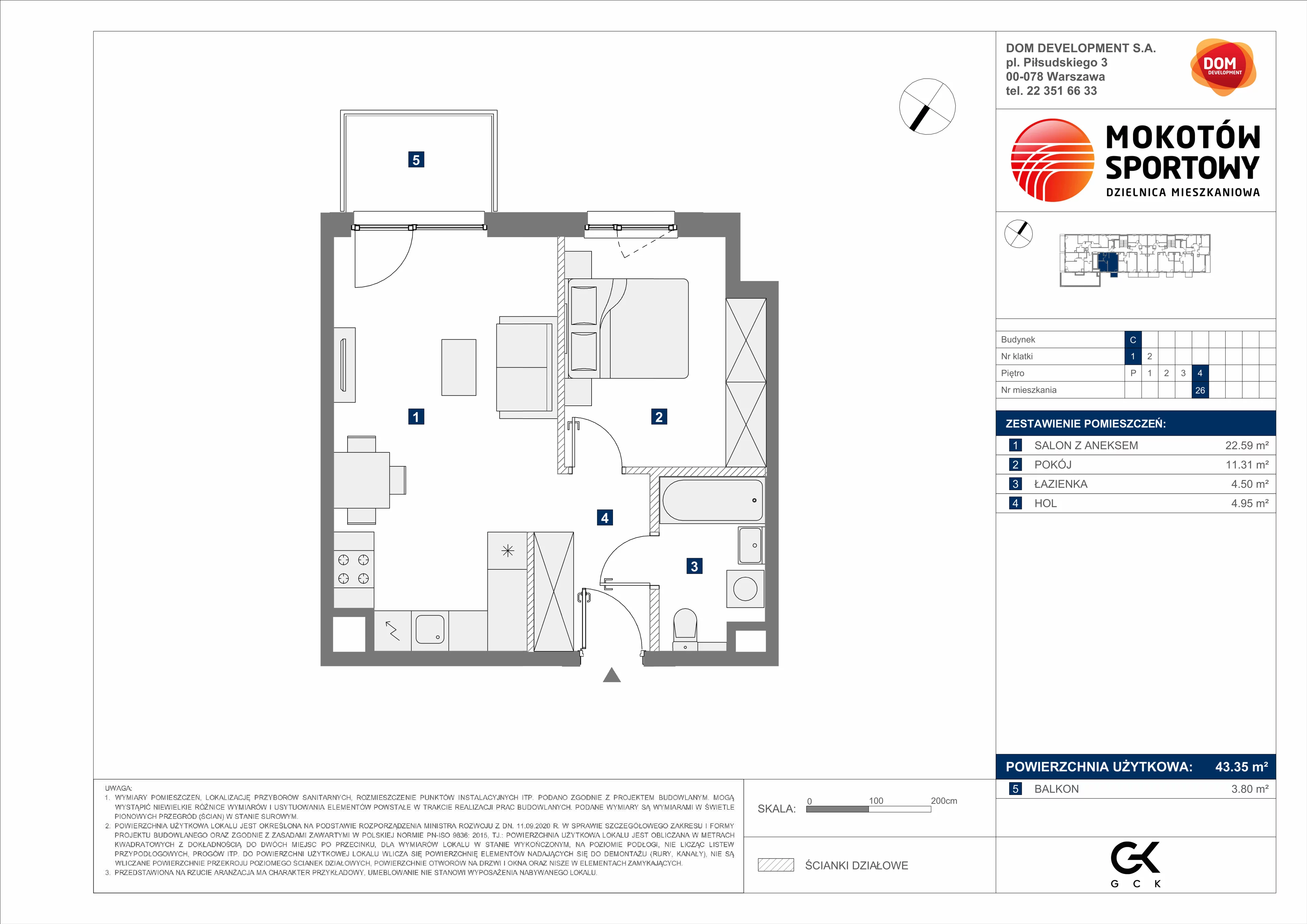 2 pokoje, mieszkanie 43,35 m², piętro 4, oferta nr C/26, Mokotów Sportowy 1 B, Warszawa, Mokotów, Augustówka, ul. Antoniewska