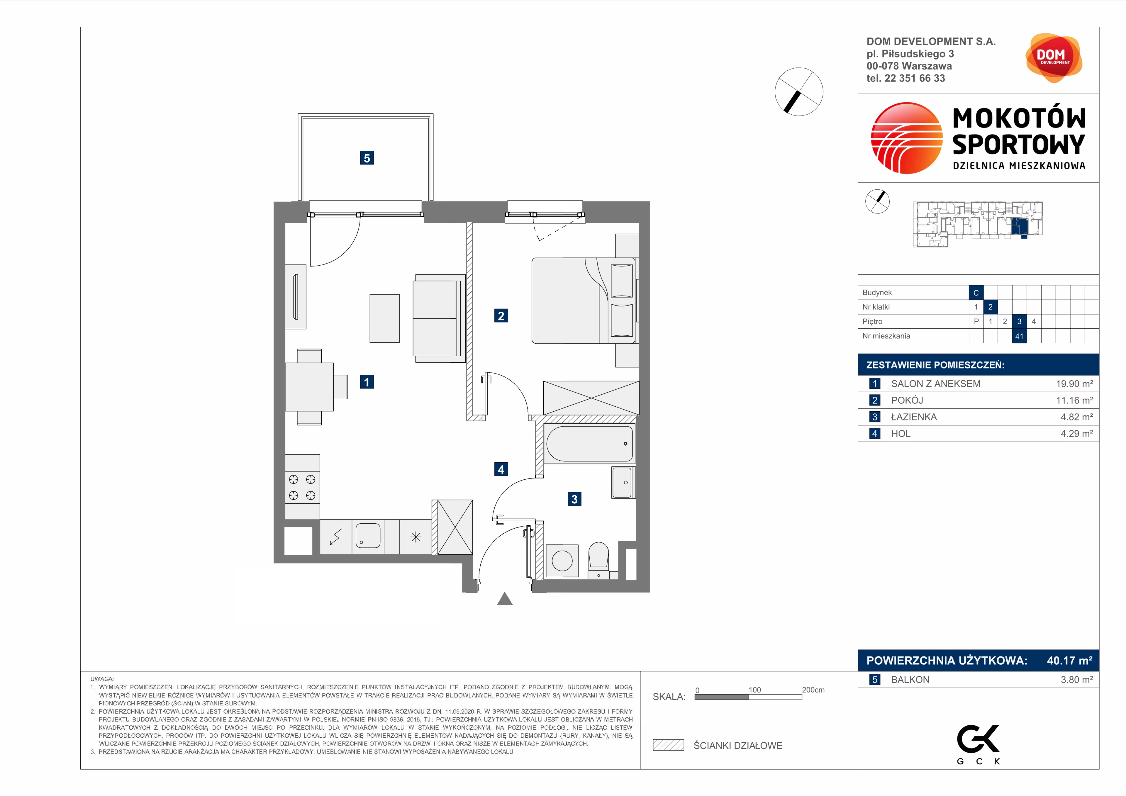 2 pokoje, mieszkanie 40,17 m², piętro 3, oferta nr C/41, Mokotów Sportowy 1 B, Warszawa, Mokotów, Augustówka, ul. Antoniewska