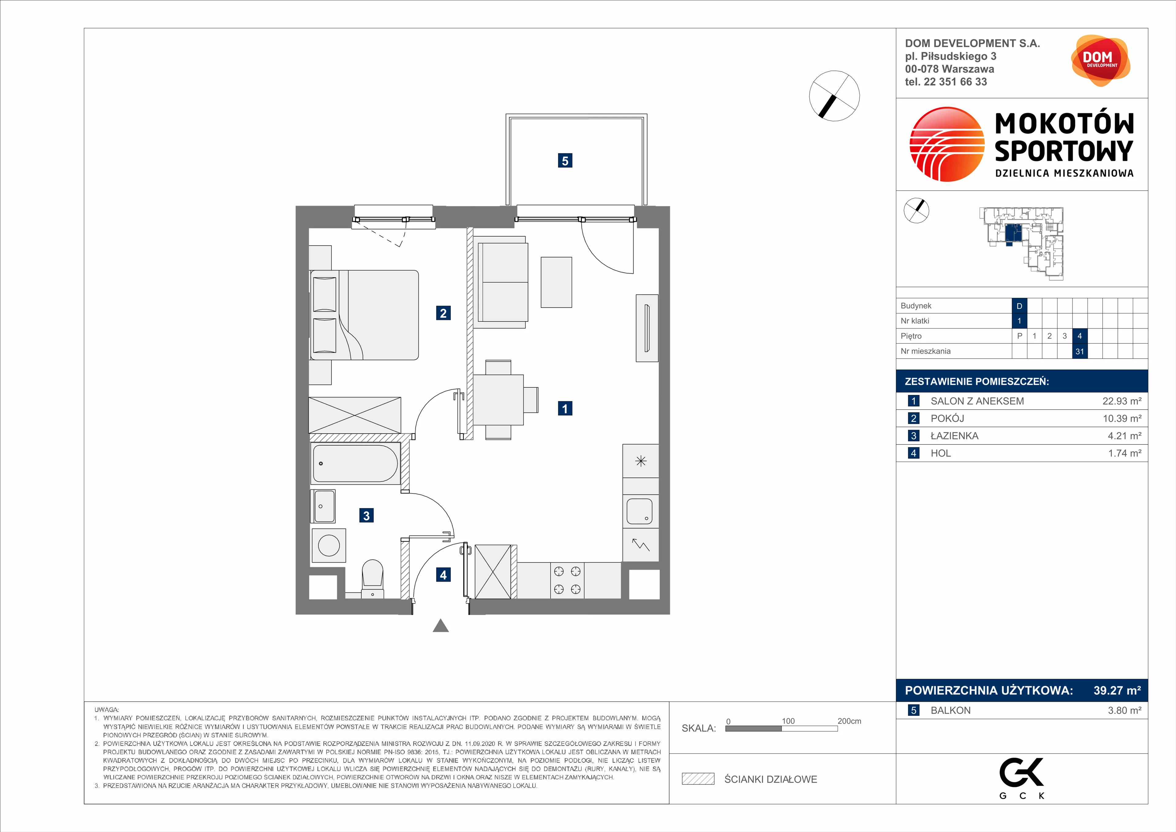 2 pokoje, mieszkanie 39,27 m², piętro 4, oferta nr D/31, Mokotów Sportowy 1 B, Warszawa, Mokotów, Augustówka, ul. Antoniewska
