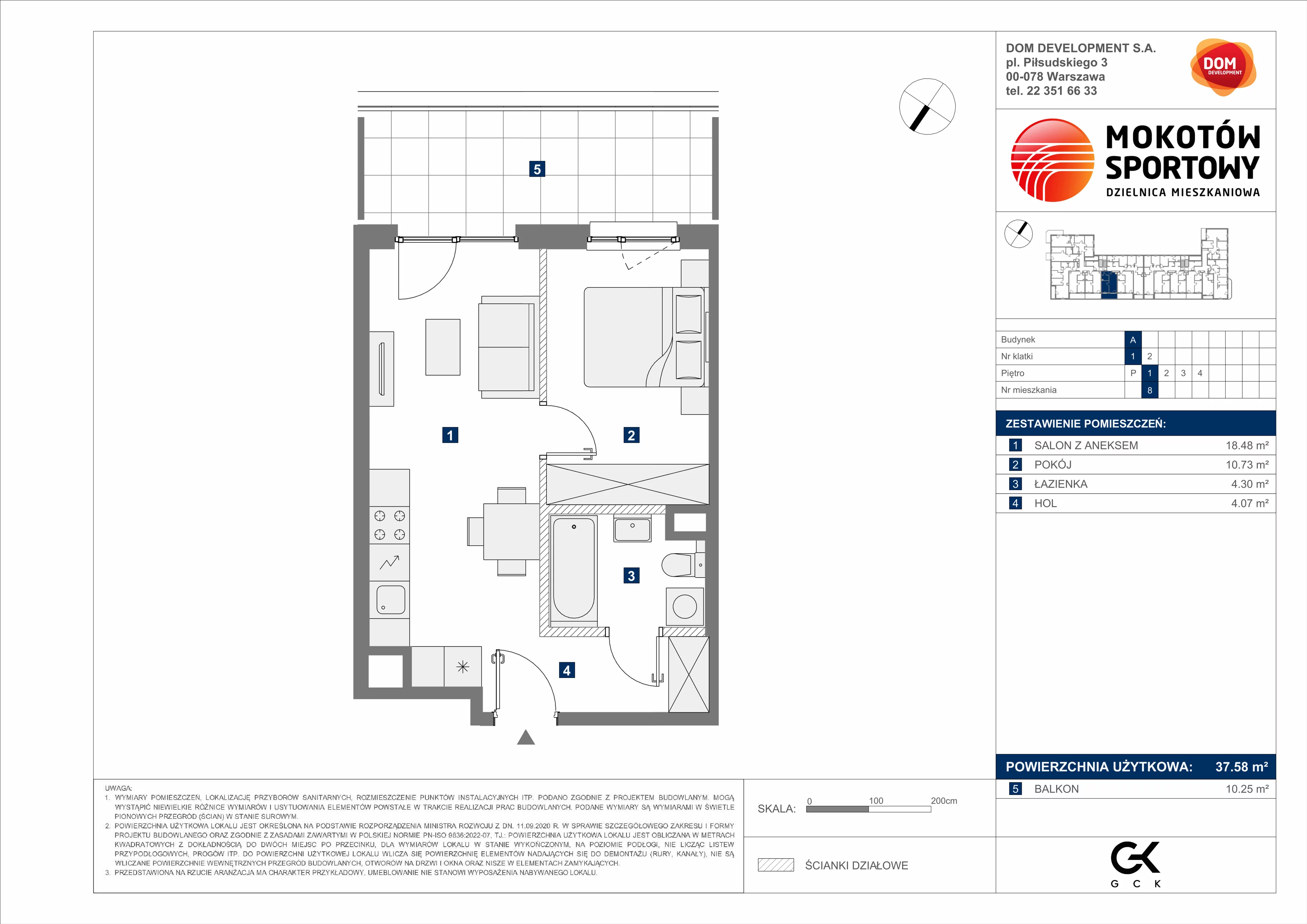 2 pokoje, mieszkanie 37,58 m², piętro 1, oferta nr A/8, Mokotów Sportowy 3, Warszawa, Mokotów, Augustówka, ul. Antoniewska