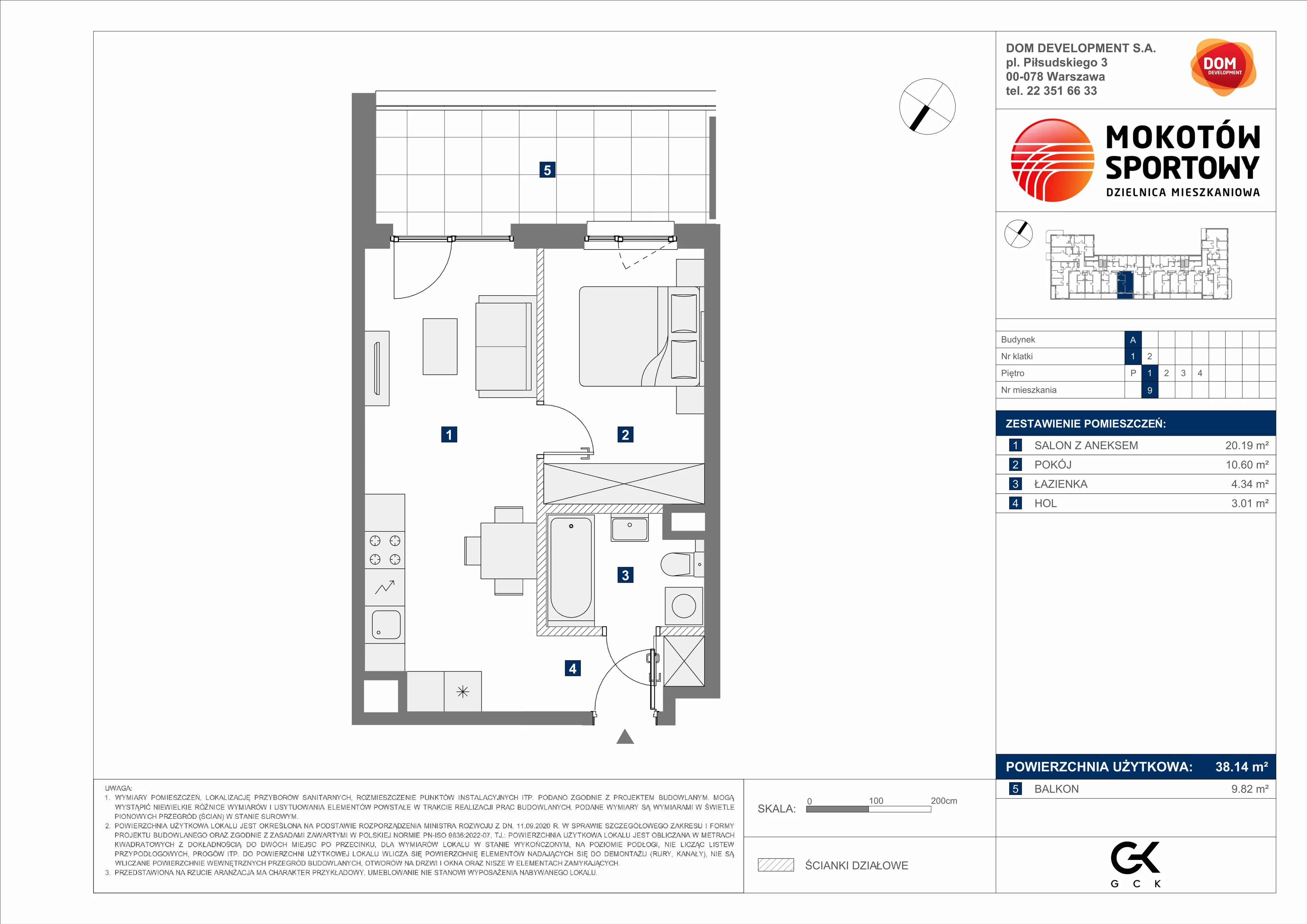 2 pokoje, mieszkanie 38,14 m², piętro 1, oferta nr A/9, Mokotów Sportowy 3, Warszawa, Mokotów, Augustówka, ul. Antoniewska