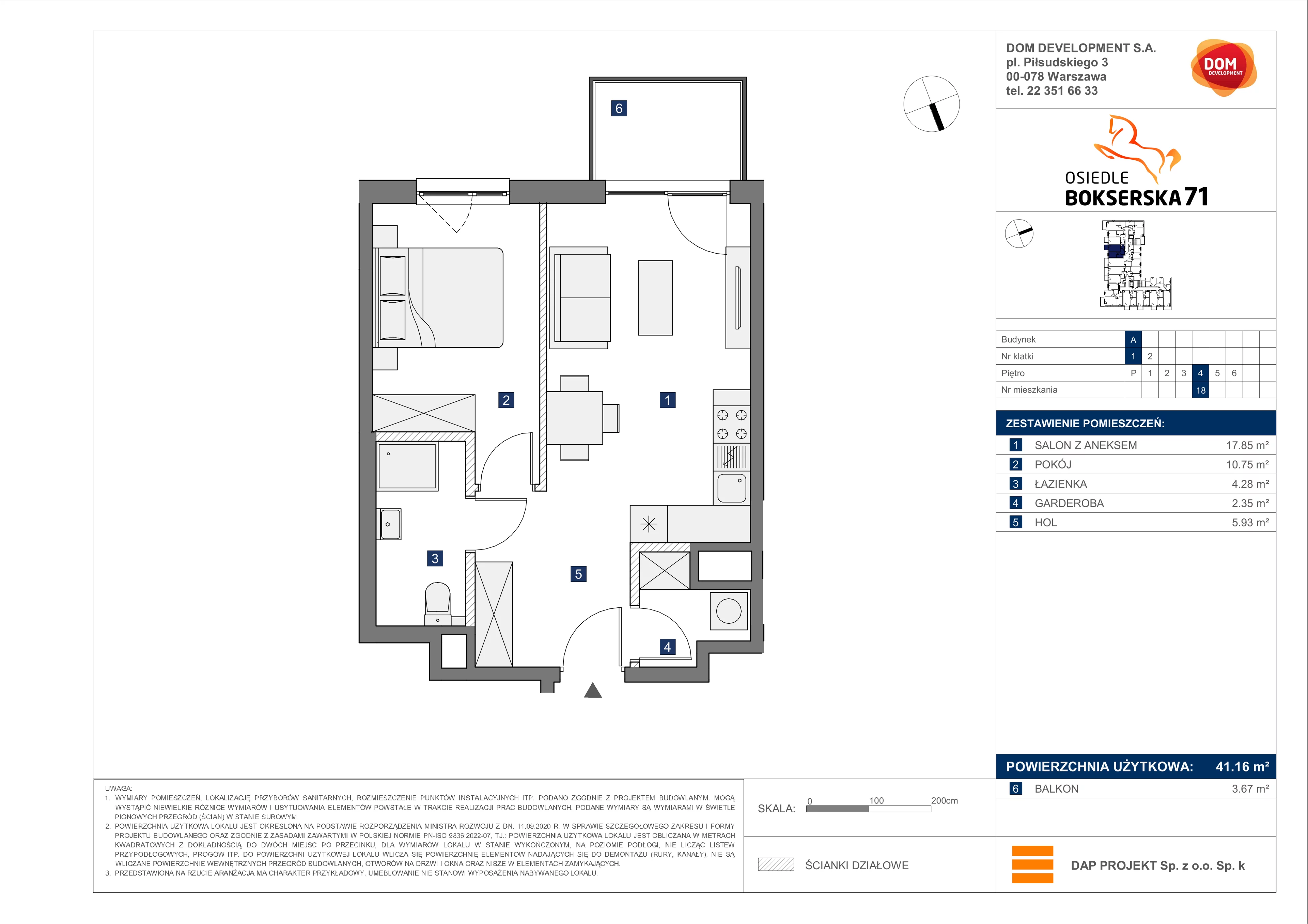 2 pokoje, mieszkanie 41,16 m², piętro 4, oferta nr A/18, Osiedle Bokserska 71, Warszawa, Ursynów, Wyczółki, ul. Bokserska 71