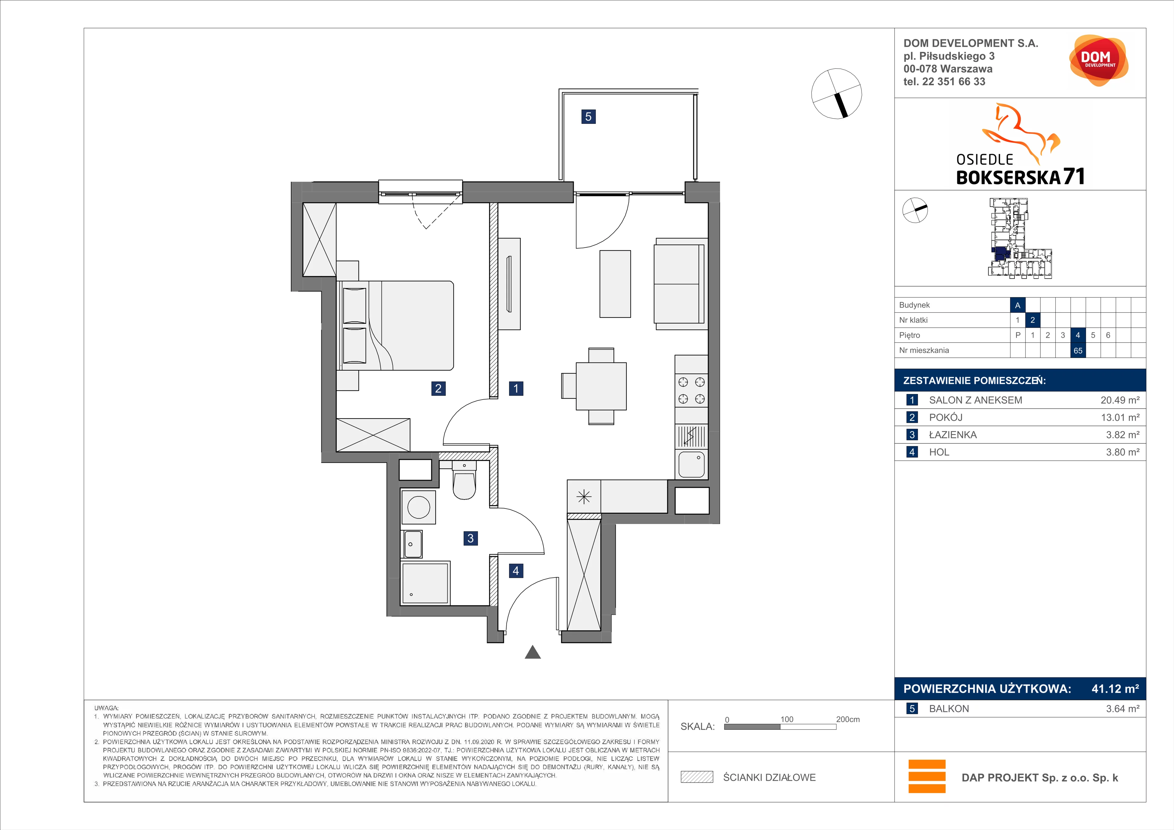 2 pokoje, mieszkanie 41,12 m², piętro 4, oferta nr A/65, Osiedle Bokserska 71, Warszawa, Ursynów, Wyczółki, ul. Bokserska 71