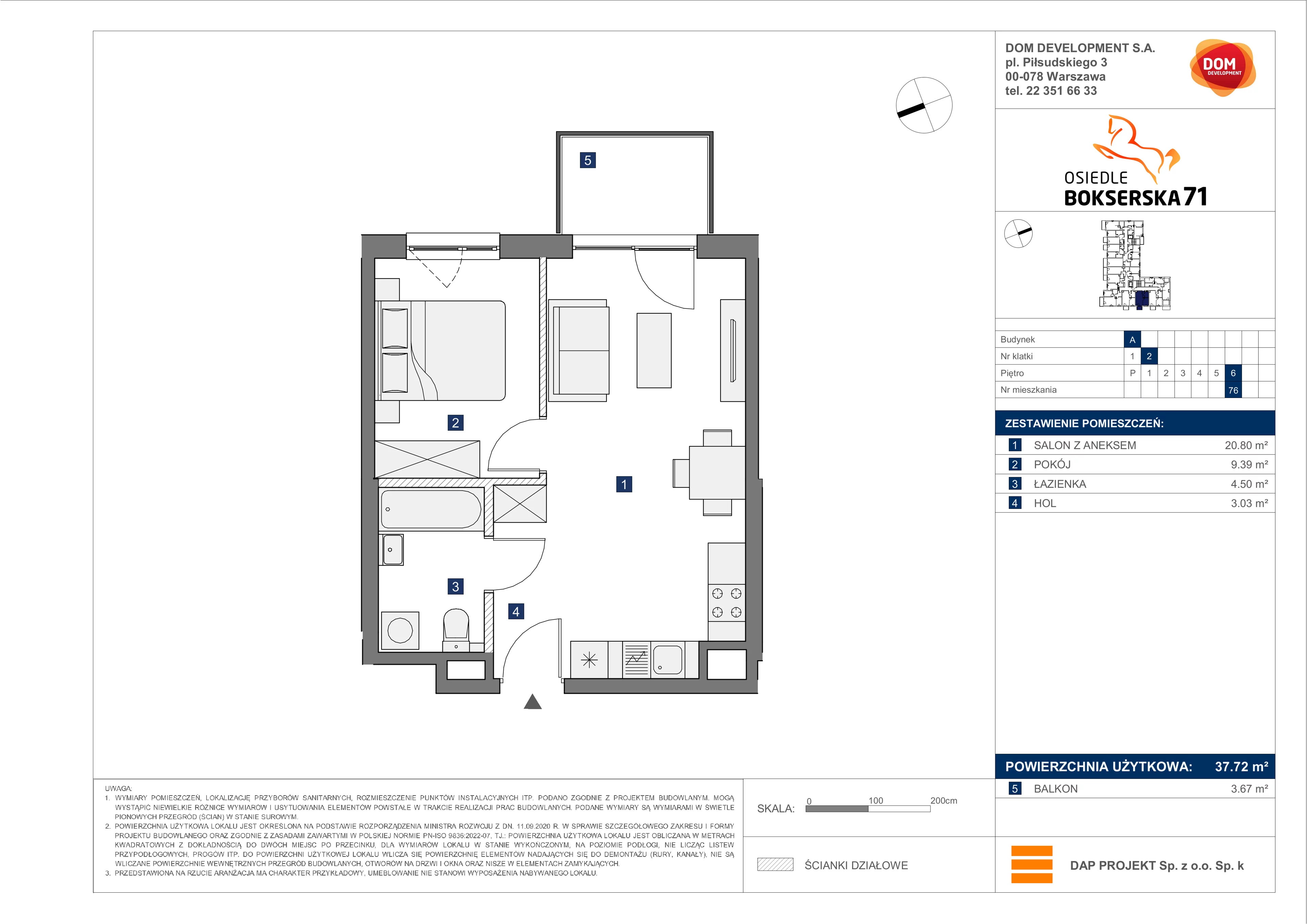 2 pokoje, mieszkanie 37,72 m², piętro 6, oferta nr A/76, Osiedle Bokserska 71, Warszawa, Ursynów, Wyczółki, ul. Bokserska 71