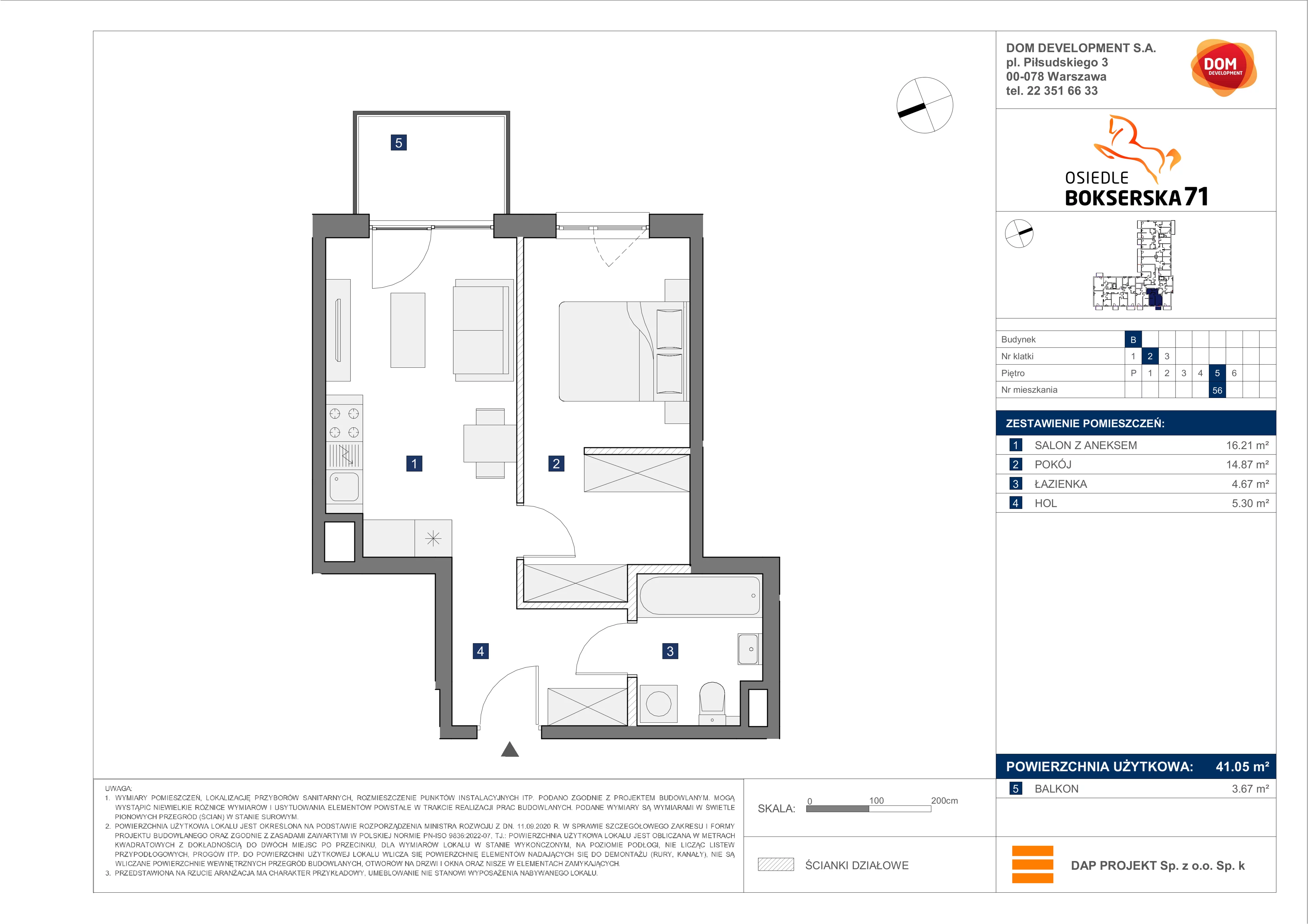 2 pokoje, mieszkanie 41,05 m², piętro 5, oferta nr B/56, Bokserska 71 etap 2.2, Warszawa, Ursynów, Wyczółki, ul. Bokserska 71