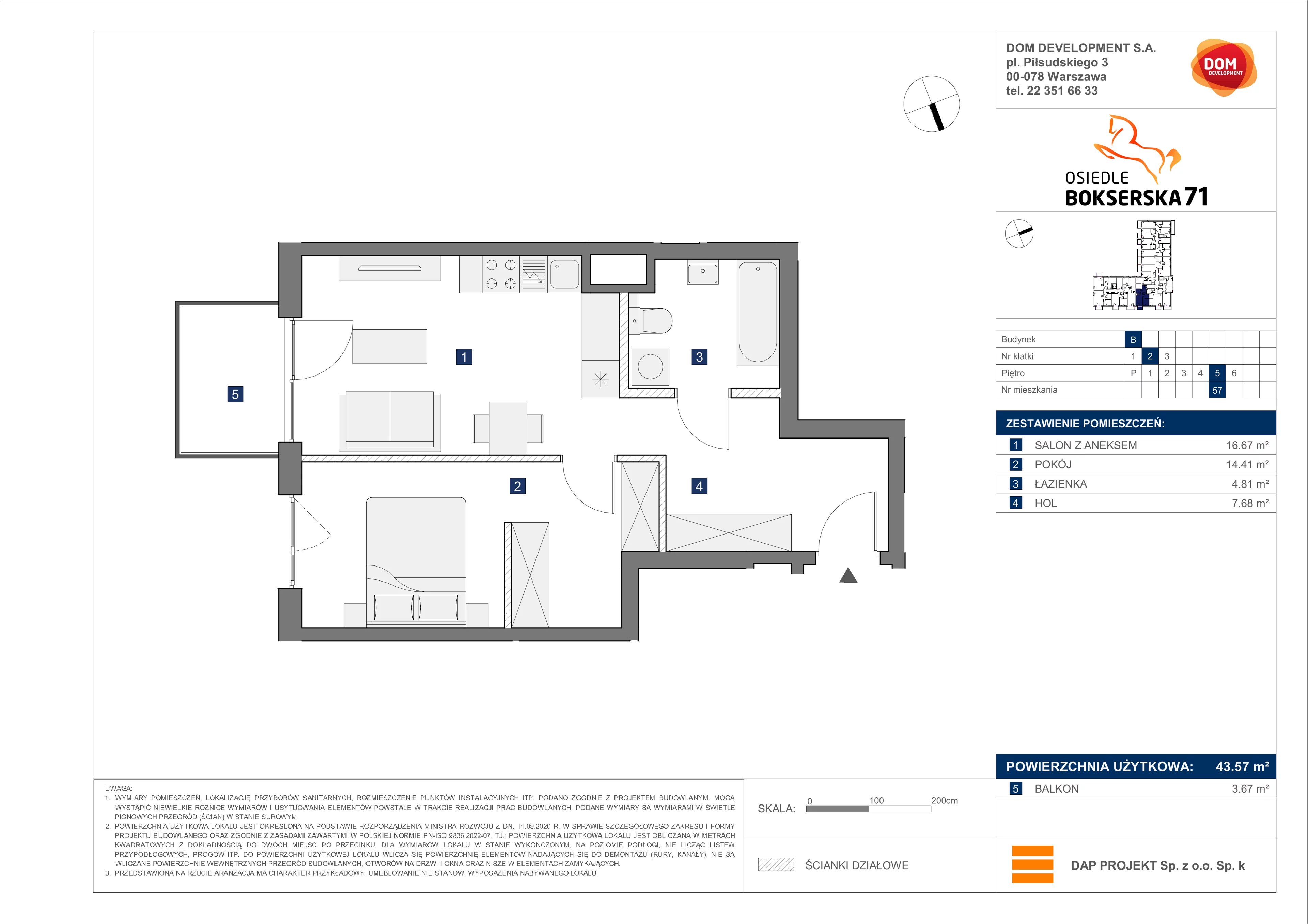 2 pokoje, mieszkanie 43,57 m², piętro 5, oferta nr B/57, Bokserska 71 etap 2.2, Warszawa, Ursynów, Wyczółki, ul. Bokserska 71