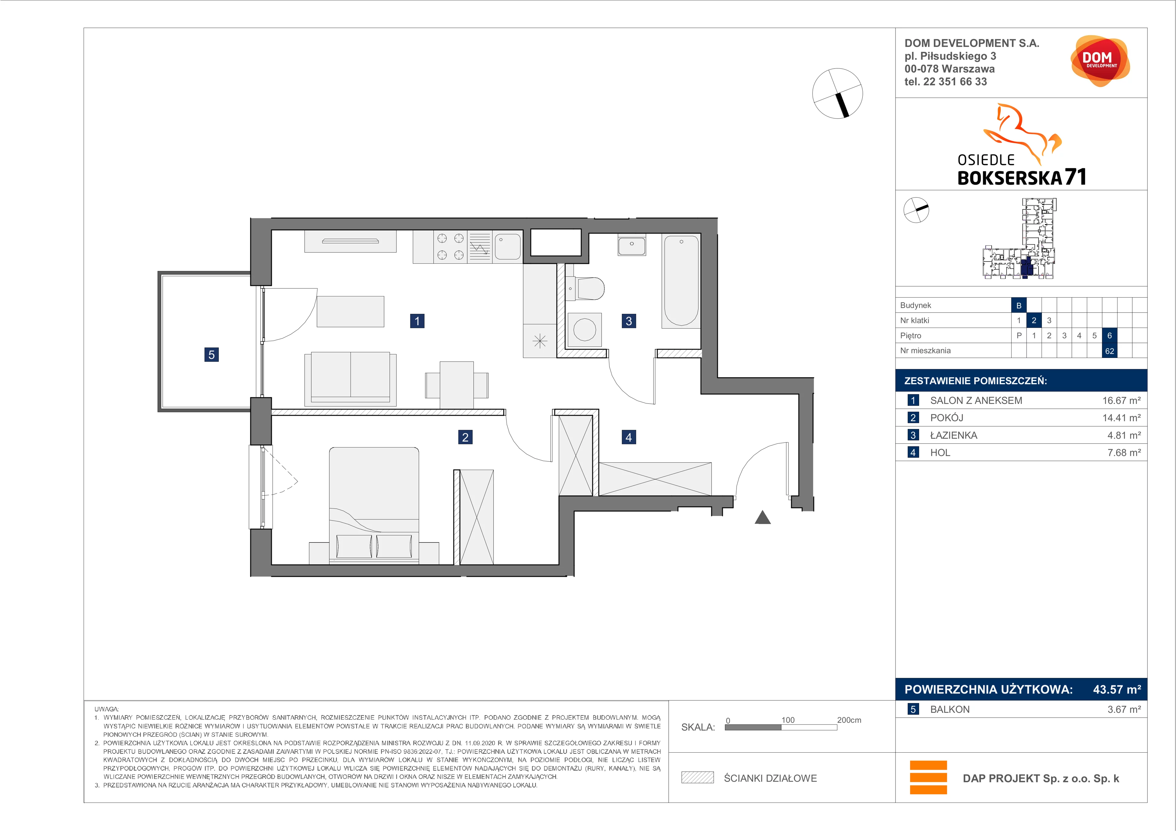 2 pokoje, mieszkanie 43,57 m², piętro 6, oferta nr B/62, Bokserska 71 etap 2.2, Warszawa, Ursynów, Wyczółki, ul. Bokserska 71
