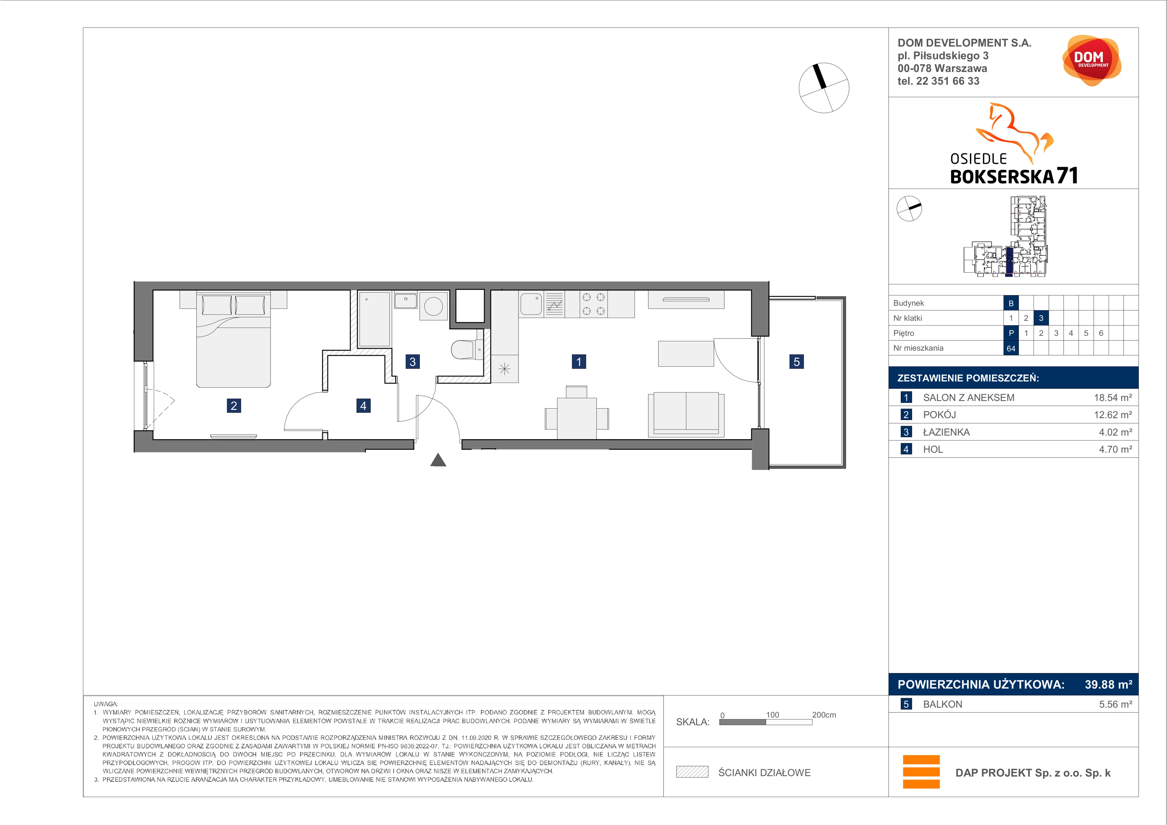 2 pokoje, mieszkanie 39,88 m², parter, oferta nr B/64, Bokserska 71 etap 2.2, Warszawa, Ursynów, Wyczółki, ul. Bokserska 71