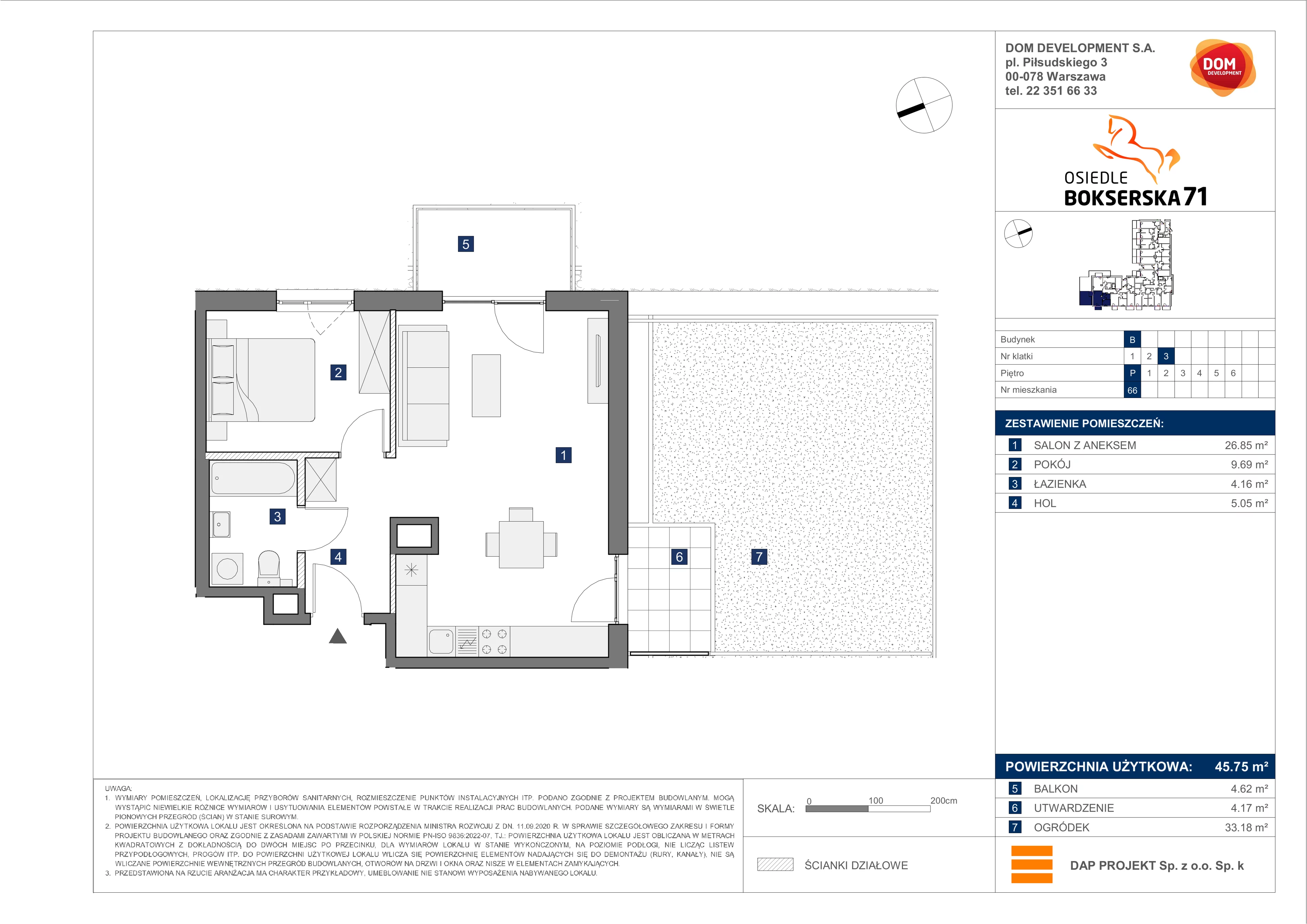 2 pokoje, mieszkanie 45,75 m², parter, oferta nr B/66, Bokserska 71 etap 2.2, Warszawa, Ursynów, Wyczółki, ul. Bokserska 71