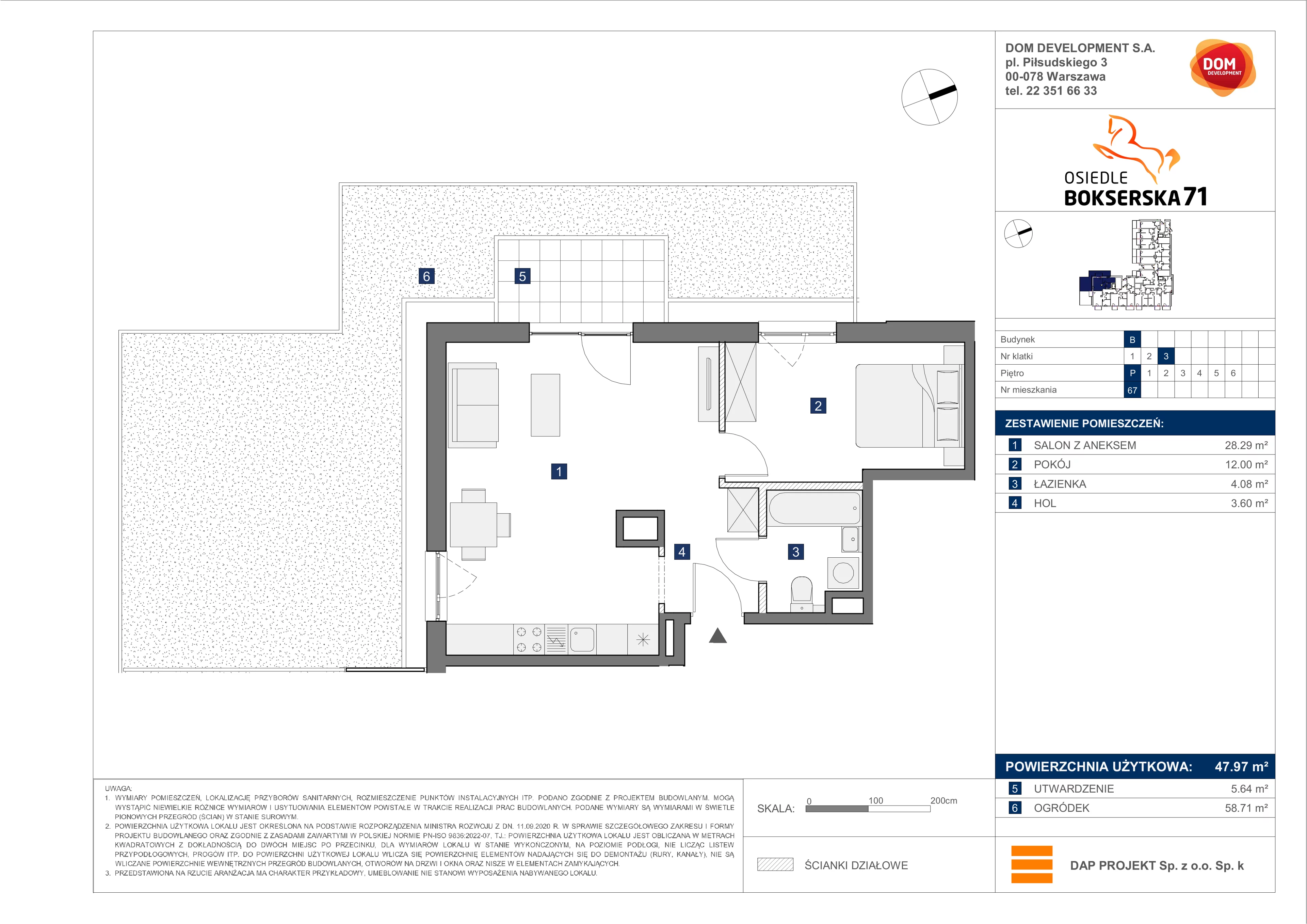 2 pokoje, mieszkanie 47,97 m², parter, oferta nr B/67, Bokserska 71 etap 2.2, Warszawa, Ursynów, Wyczółki, ul. Bokserska 71