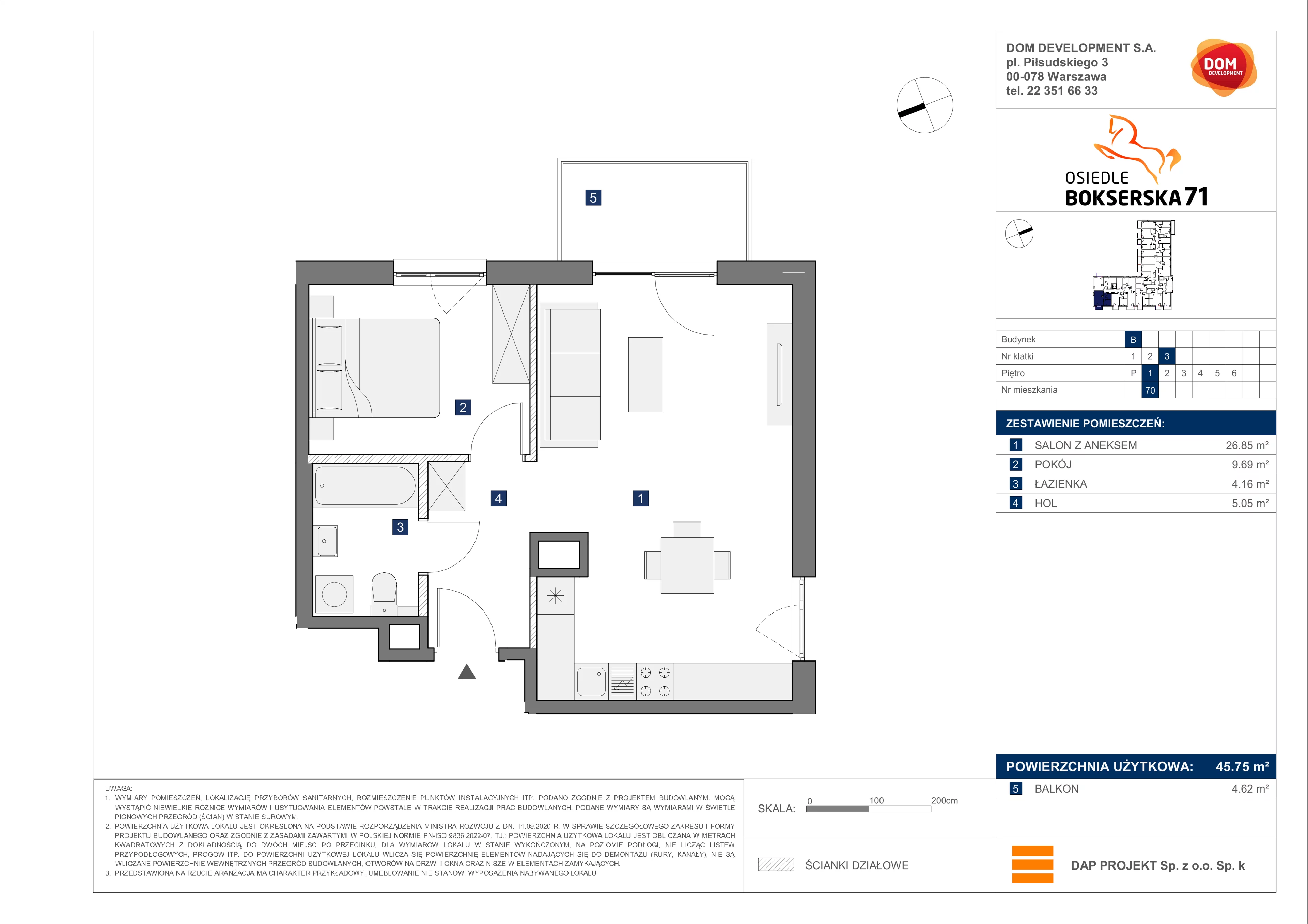 2 pokoje, mieszkanie 45,75 m², piętro 1, oferta nr B/70, Bokserska 71 etap 2.2, Warszawa, Ursynów, Wyczółki, ul. Bokserska 71