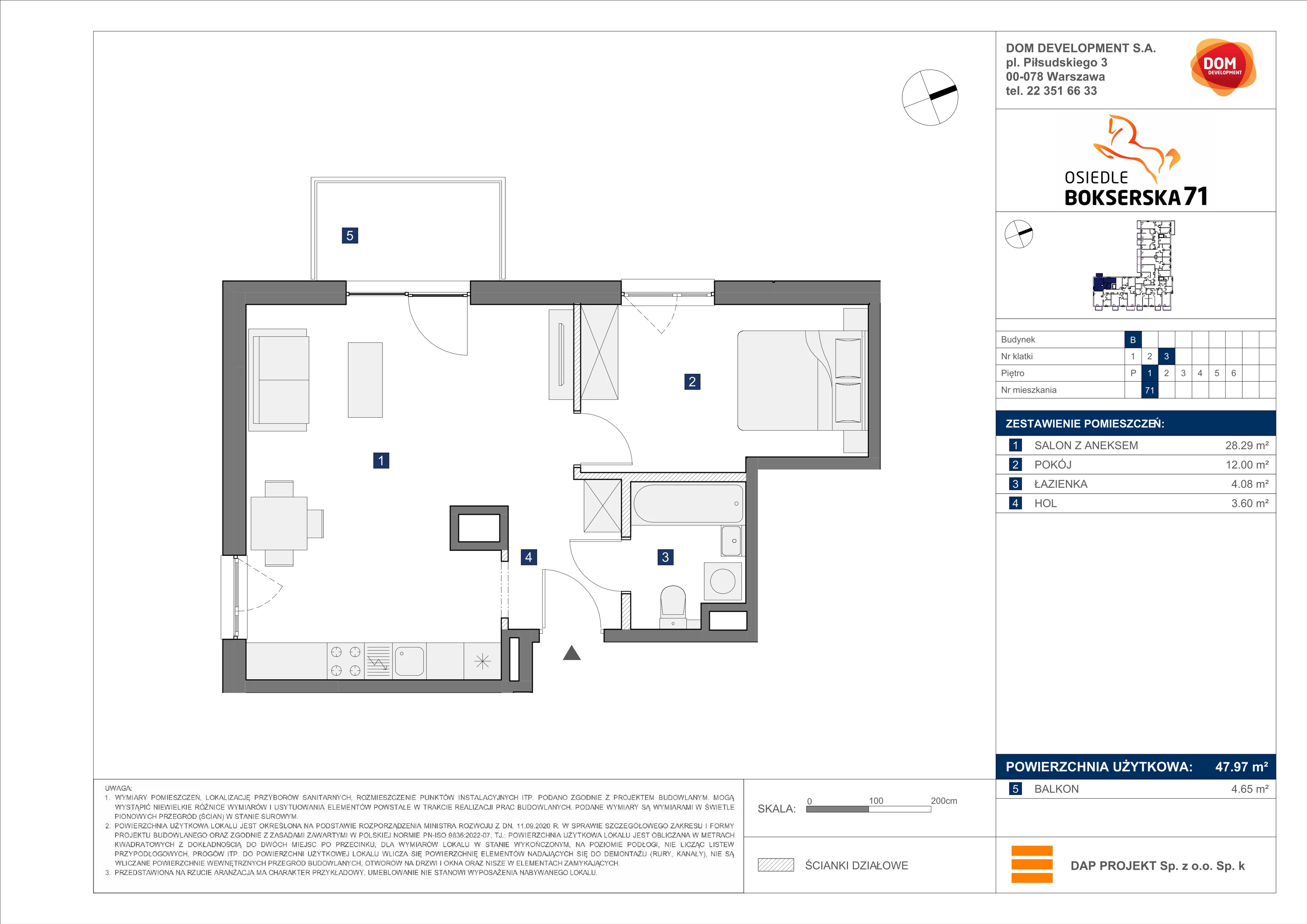 2 pokoje, mieszkanie 47,97 m², piętro 1, oferta nr B/71, Bokserska 71 etap 2.2, Warszawa, Ursynów, Wyczółki, ul. Bokserska 71