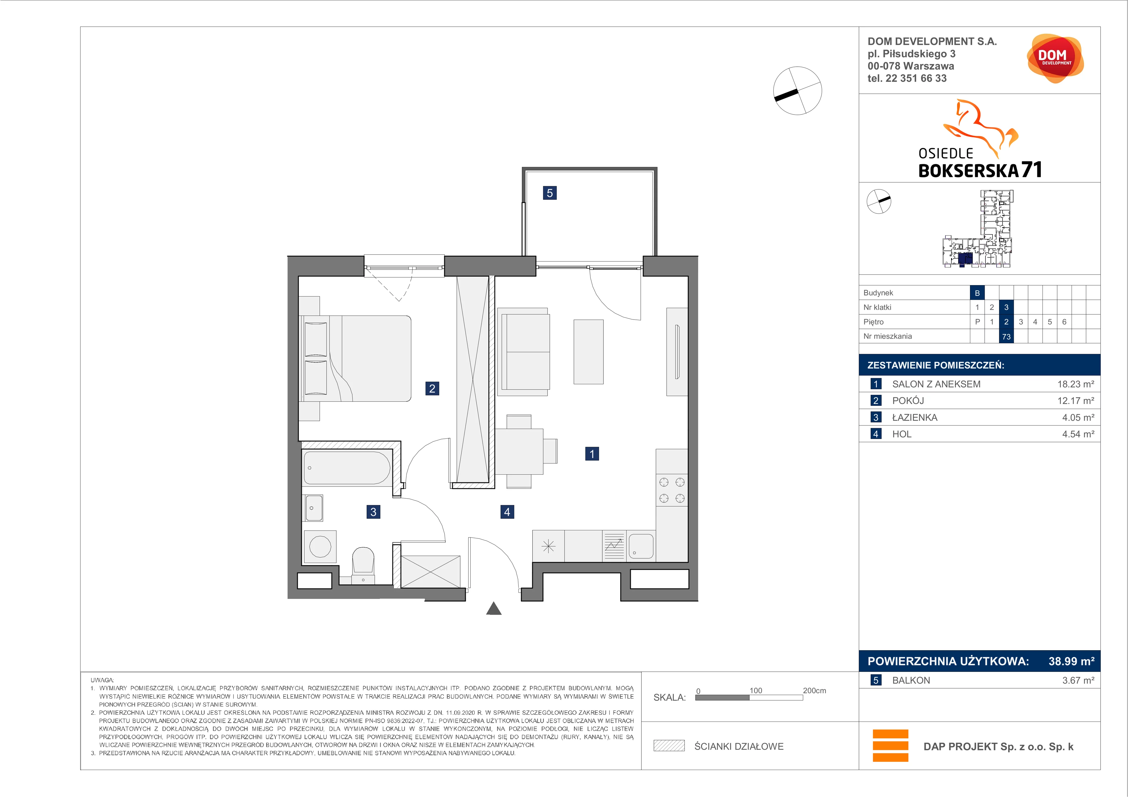 2 pokoje, mieszkanie 38,99 m², piętro 2, oferta nr B/73, Bokserska 71 etap 2.2, Warszawa, Ursynów, Wyczółki, ul. Bokserska 71