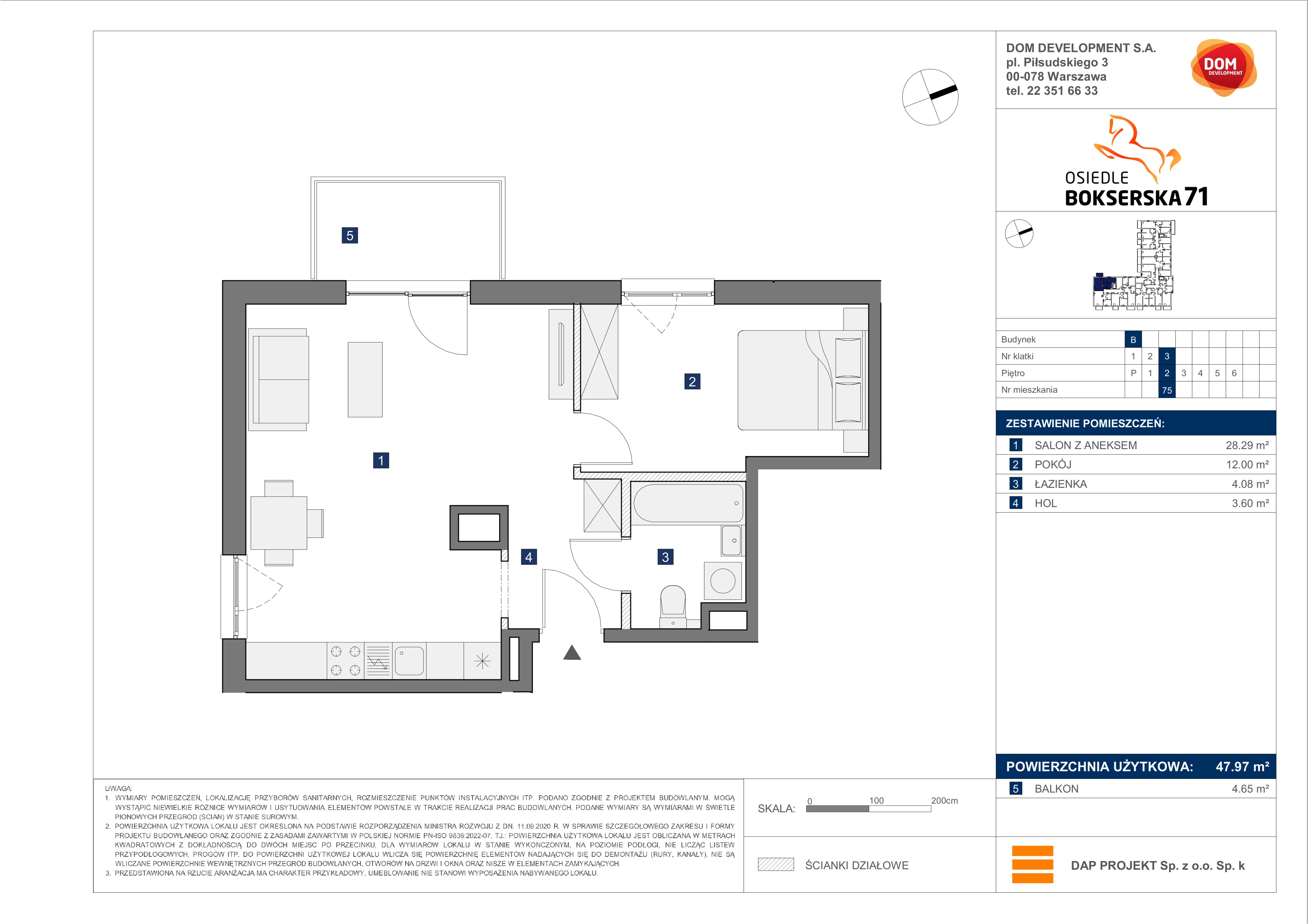 2 pokoje, mieszkanie 47,97 m², piętro 2, oferta nr B/75, Bokserska 71 etap 2.2, Warszawa, Ursynów, Wyczółki, ul. Bokserska 71