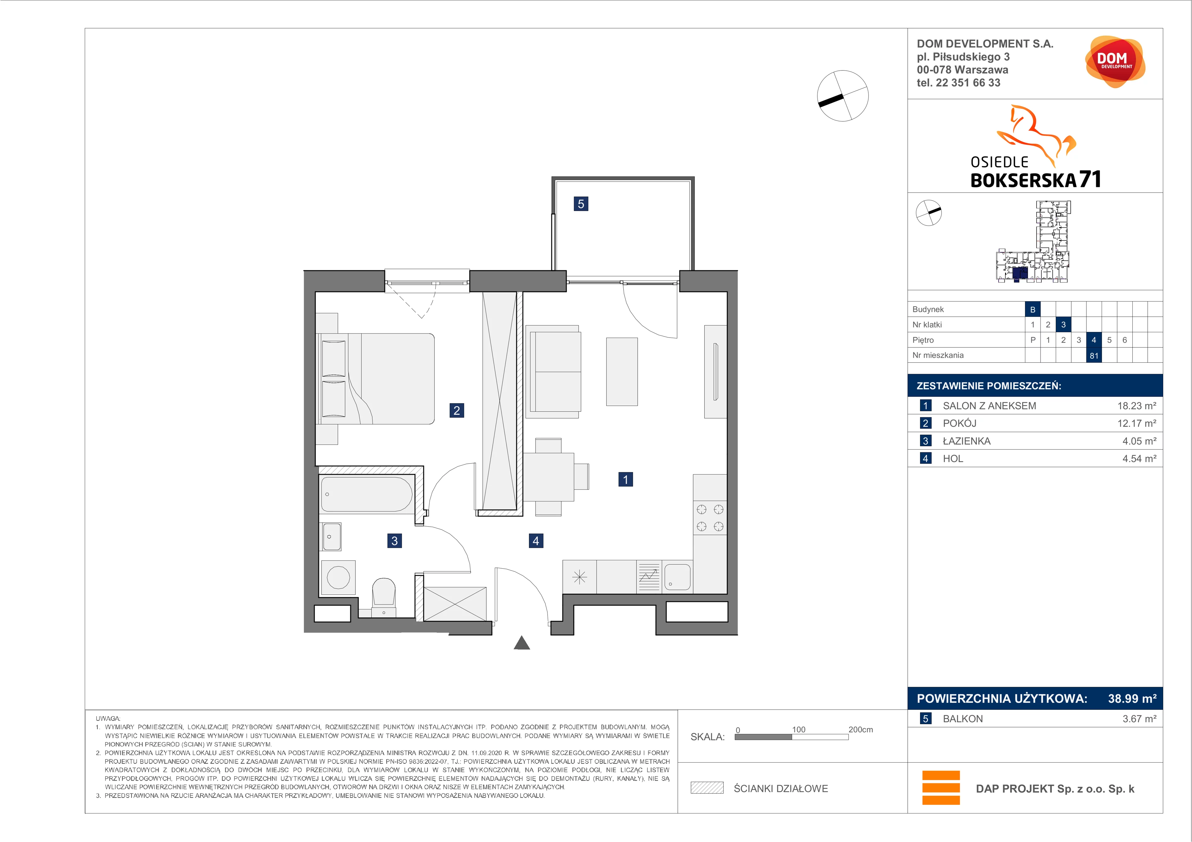 2 pokoje, mieszkanie 38,99 m², piętro 4, oferta nr B/81, Bokserska 71 etap 2.2, Warszawa, Ursynów, Wyczółki, ul. Bokserska 71