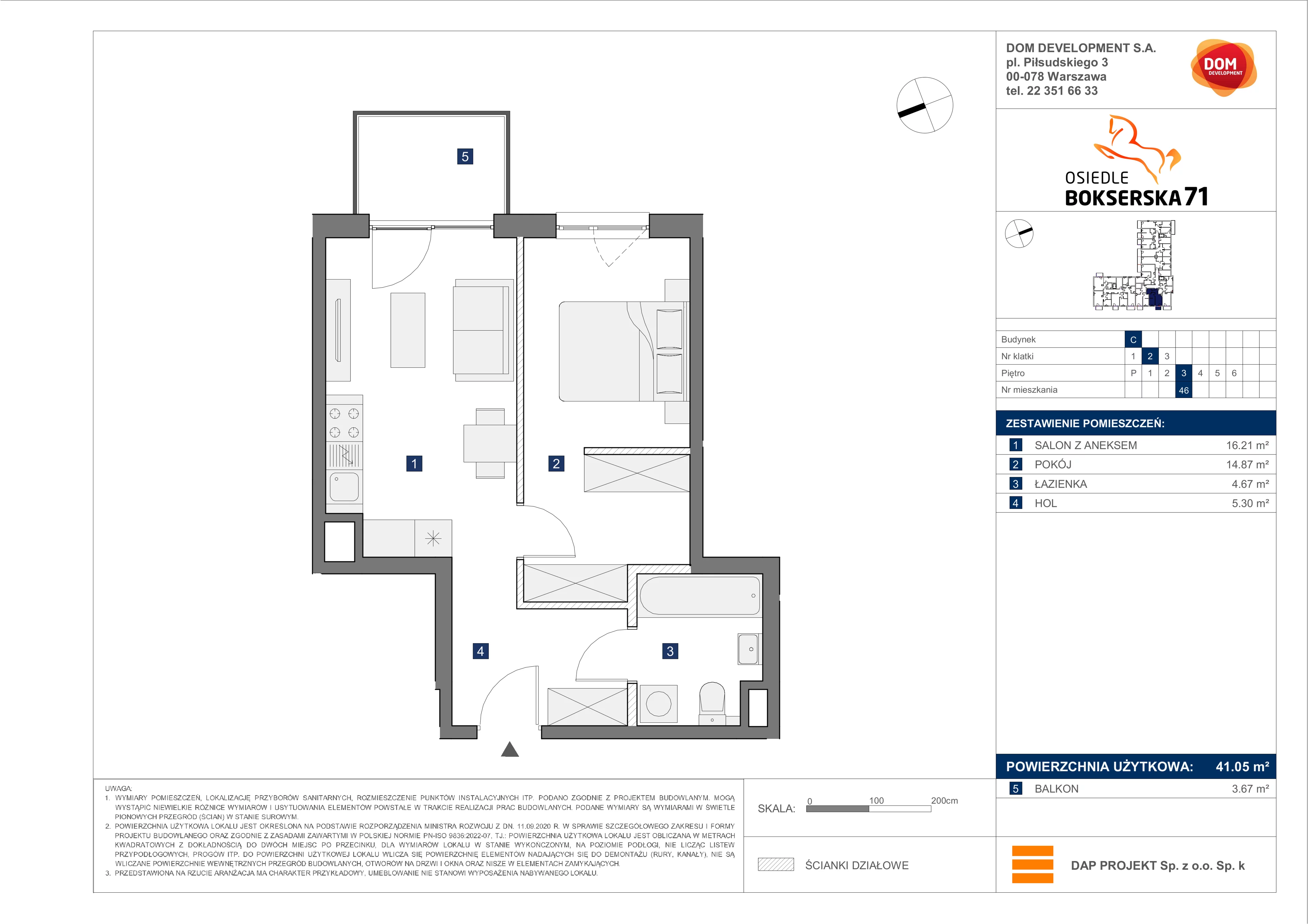 2 pokoje, mieszkanie 41,05 m², piętro 3, oferta nr C/46, Bokserska 71 etap 2.2, Warszawa, Ursynów, Wyczółki, ul. Bokserska 71