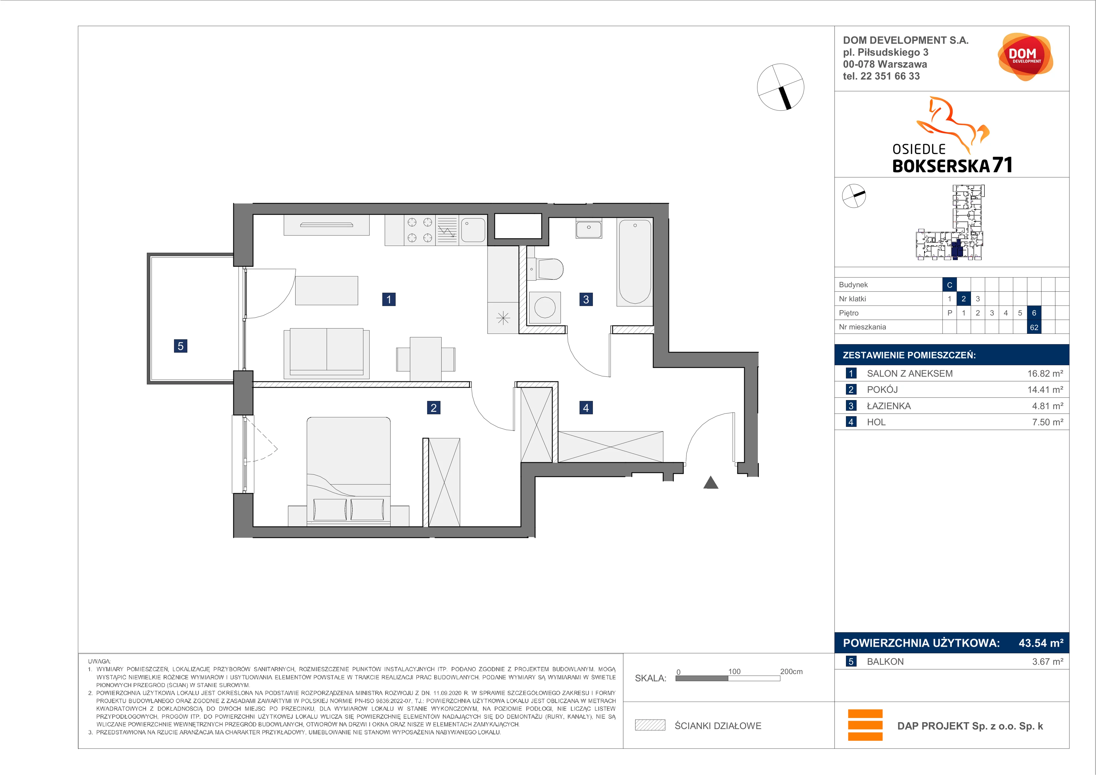 2 pokoje, mieszkanie 43,54 m², piętro 6, oferta nr C/62, Bokserska 71 etap 2.2, Warszawa, Ursynów, Wyczółki, ul. Bokserska 71