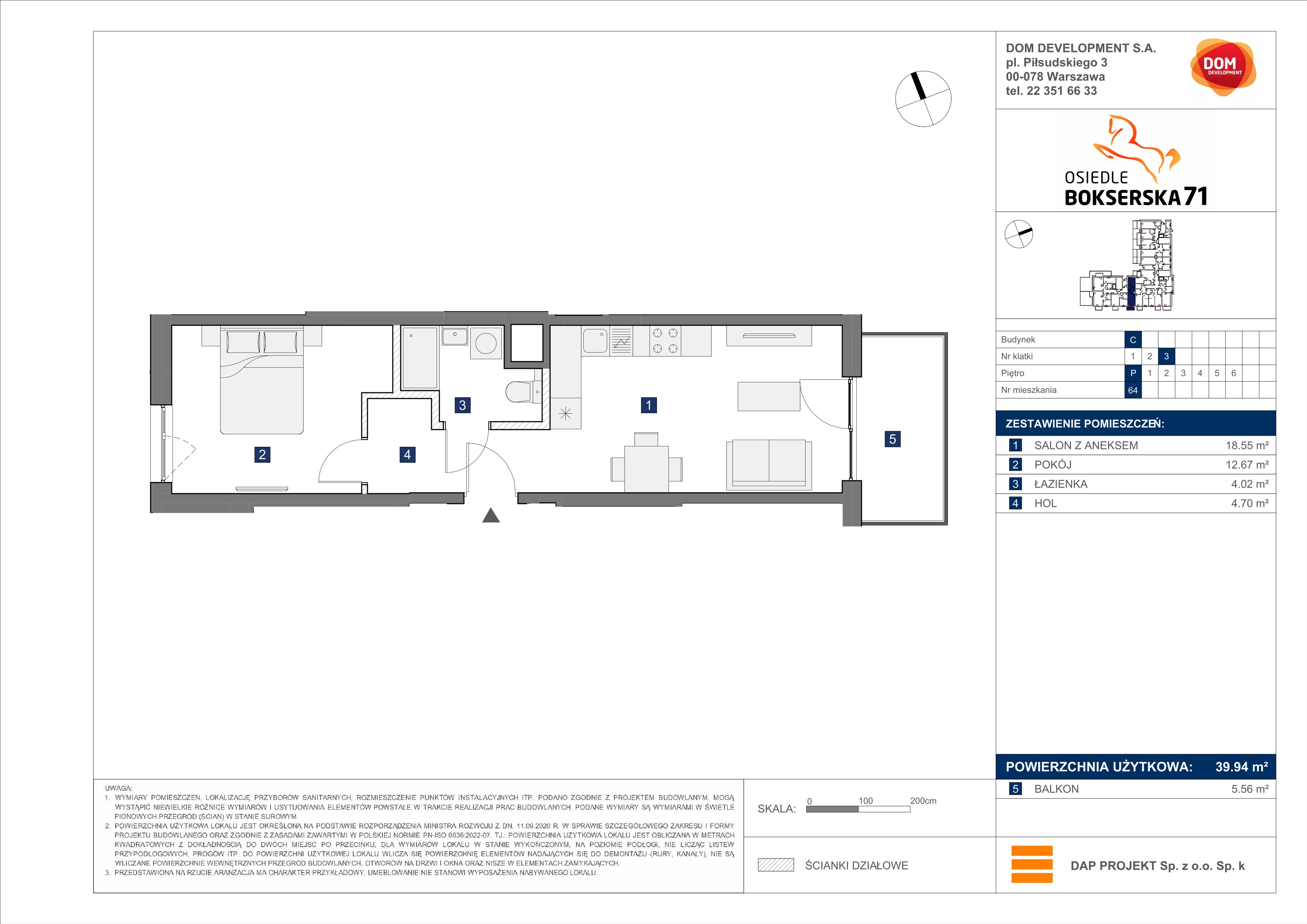 2 pokoje, mieszkanie 39,94 m², parter, oferta nr C/64, Bokserska 71 etap 2.2, Warszawa, Ursynów, Wyczółki, ul. Bokserska 71