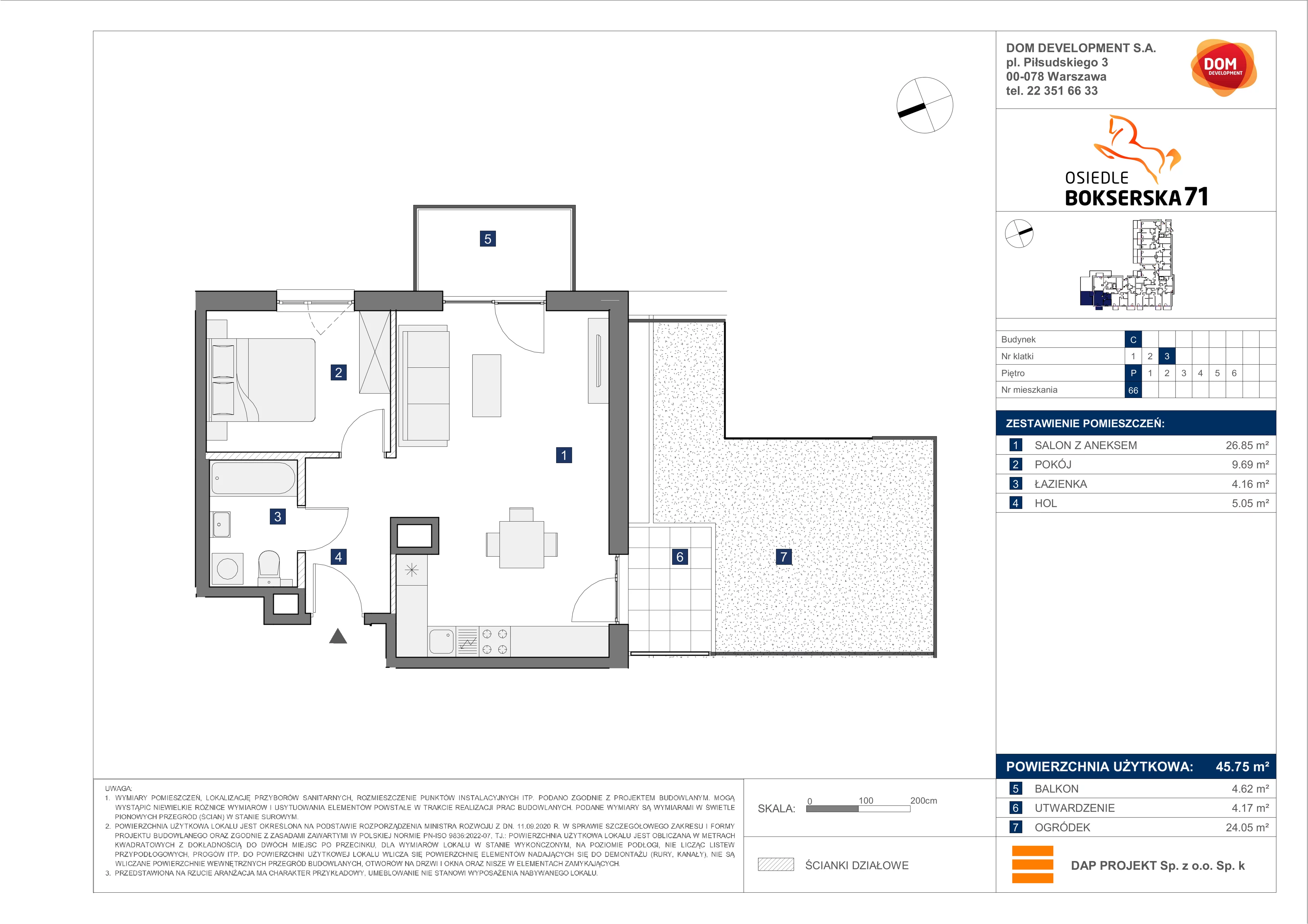 2 pokoje, mieszkanie 45,75 m², parter, oferta nr C/66, Bokserska 71 etap 2.2, Warszawa, Ursynów, Wyczółki, ul. Bokserska 71