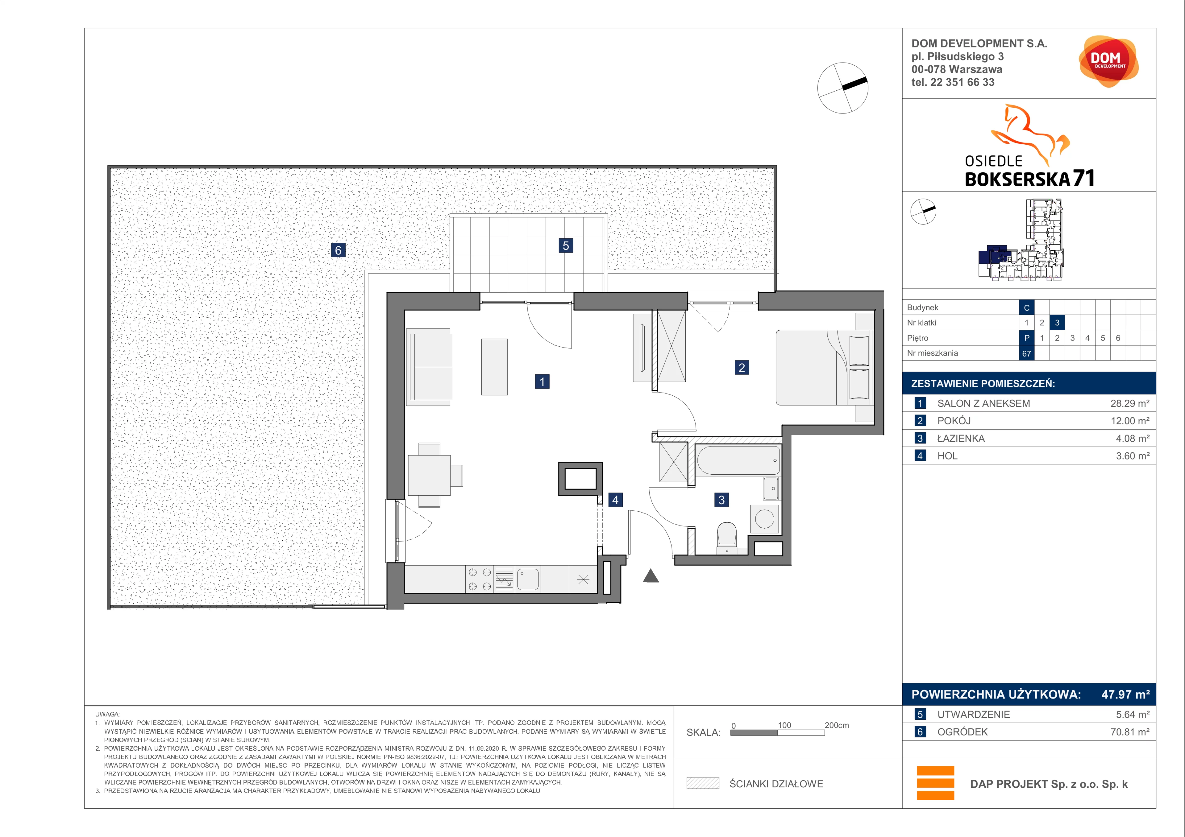 2 pokoje, mieszkanie 47,97 m², parter, oferta nr C/67, Bokserska 71 etap 2.2, Warszawa, Ursynów, Wyczółki, ul. Bokserska 71