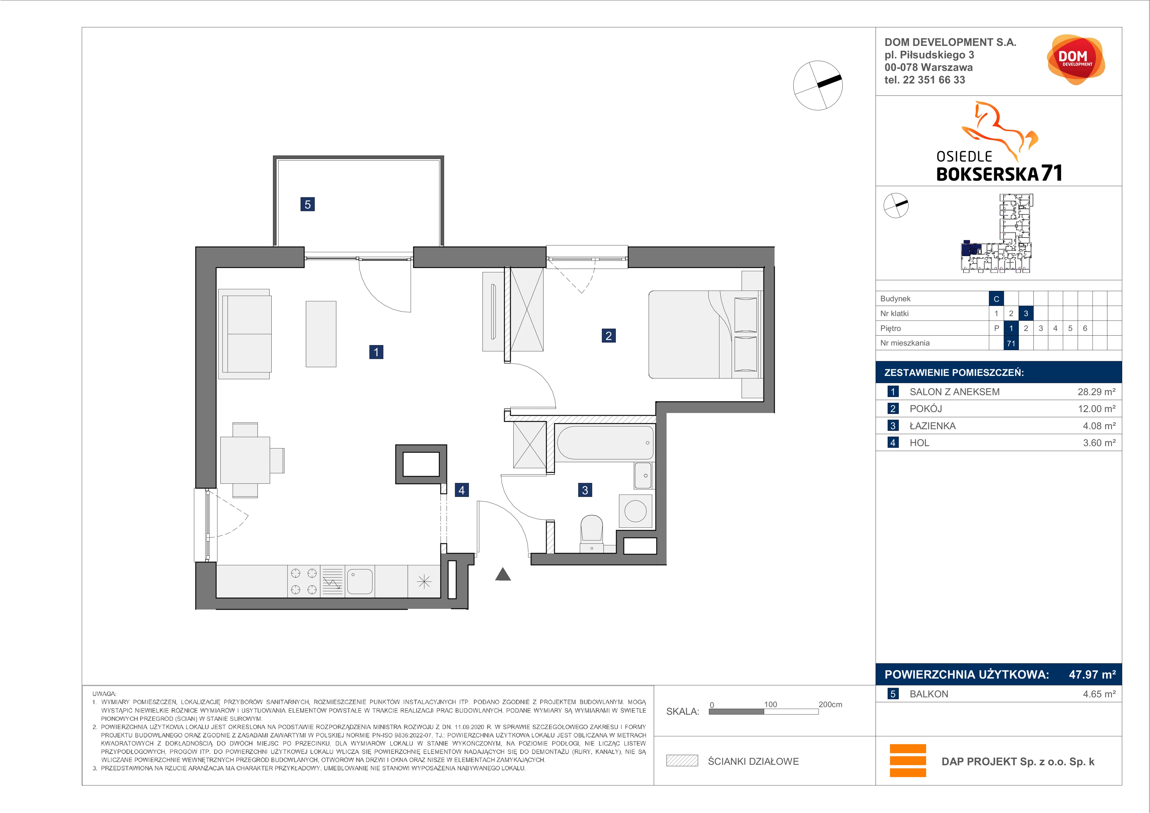 2 pokoje, mieszkanie 47,97 m², piętro 1, oferta nr C/71, Bokserska 71 etap 2.2, Warszawa, Ursynów, Wyczółki, ul. Bokserska 71