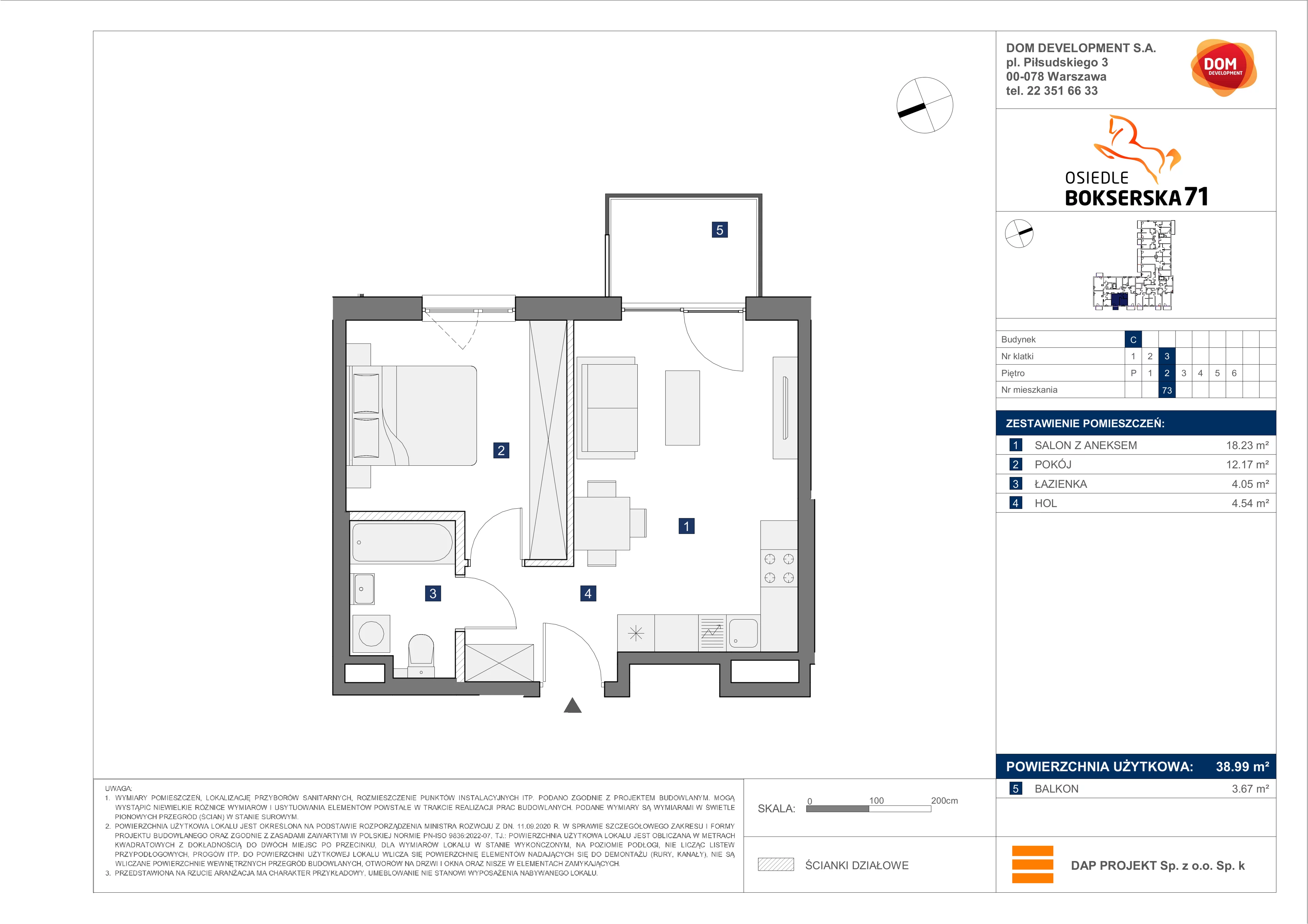 2 pokoje, mieszkanie 38,99 m², piętro 2, oferta nr C/73, Bokserska 71 etap 2.2, Warszawa, Ursynów, Wyczółki, ul. Bokserska 71