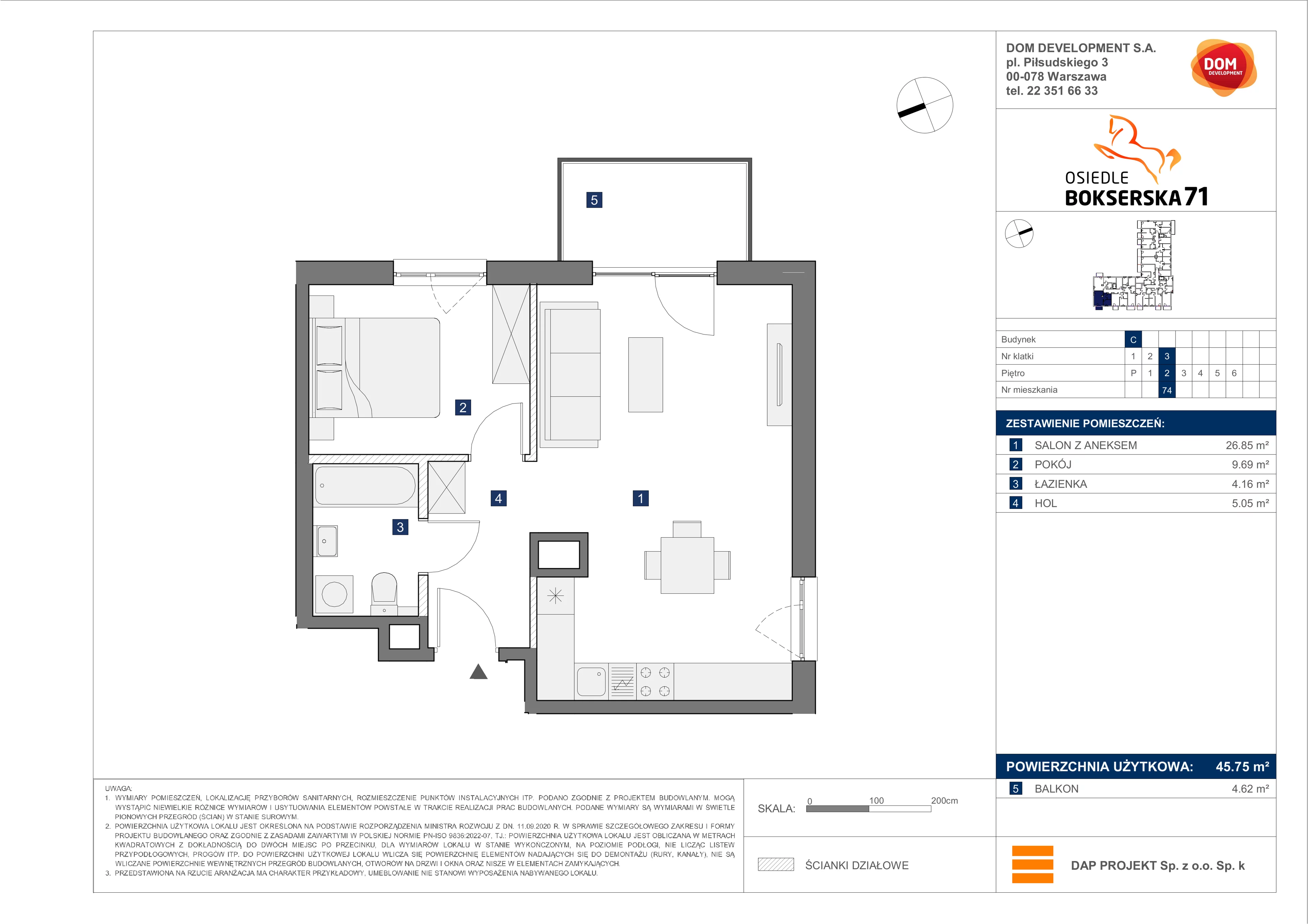 2 pokoje, mieszkanie 45,75 m², piętro 2, oferta nr C/74, Bokserska 71 etap 2.2, Warszawa, Ursynów, Wyczółki, ul. Bokserska 71