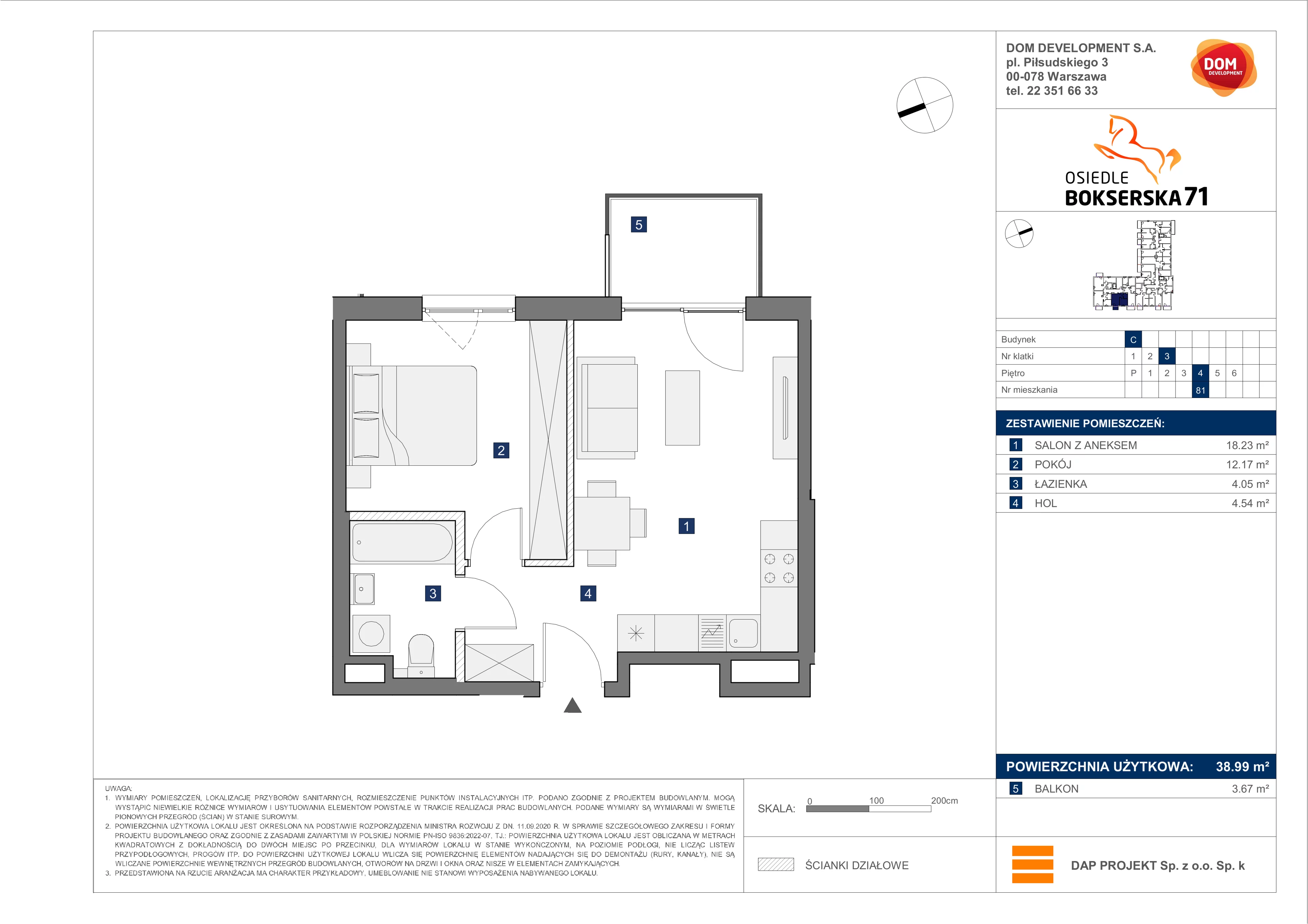 2 pokoje, mieszkanie 38,99 m², piętro 4, oferta nr C/81, Bokserska 71 etap 2.2, Warszawa, Ursynów, Wyczółki, ul. Bokserska 71