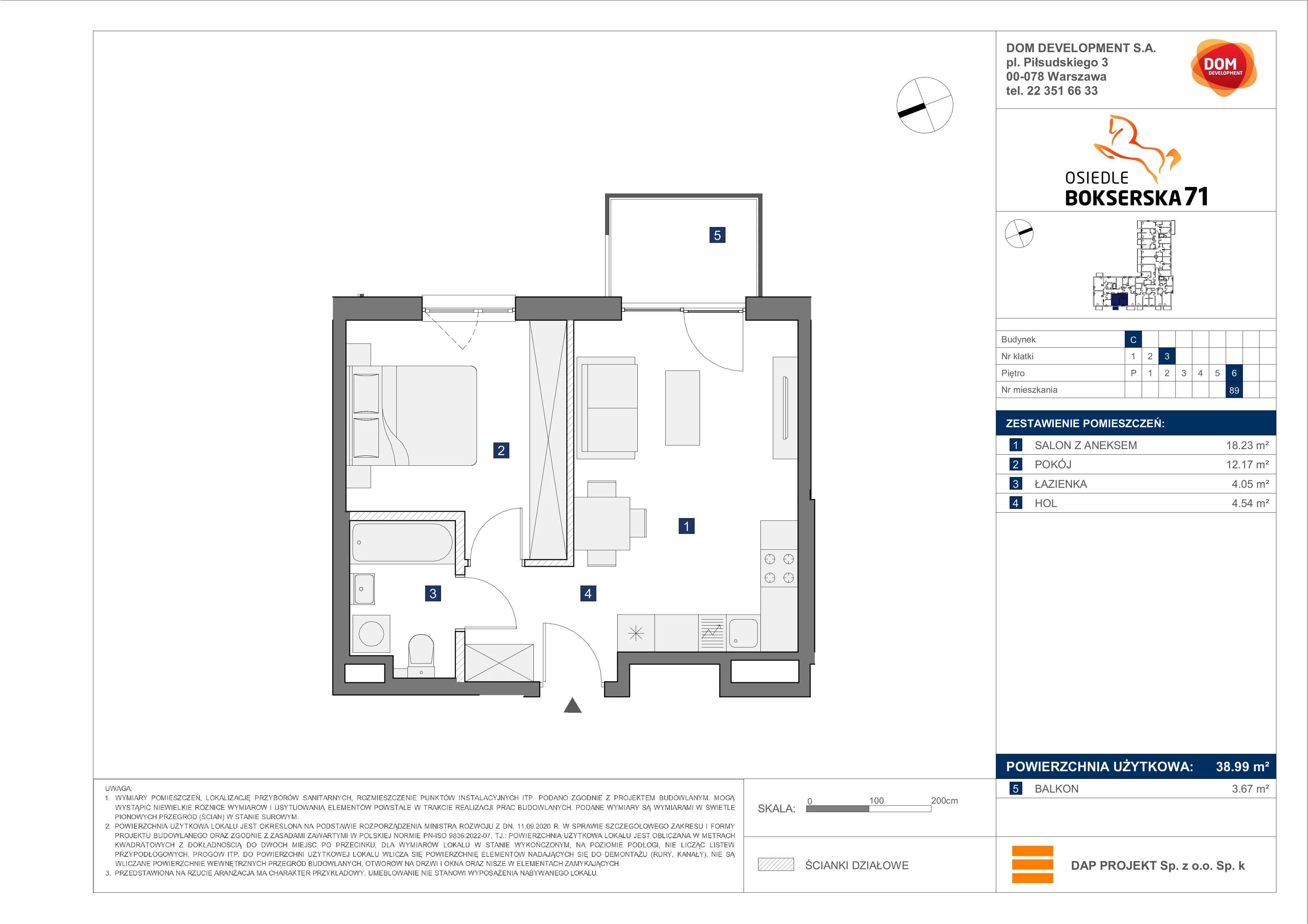 2 pokoje, mieszkanie 38,99 m², piętro 6, oferta nr C/89, Bokserska 71 etap 2.2, Warszawa, Ursynów, Wyczółki, ul. Bokserska 71