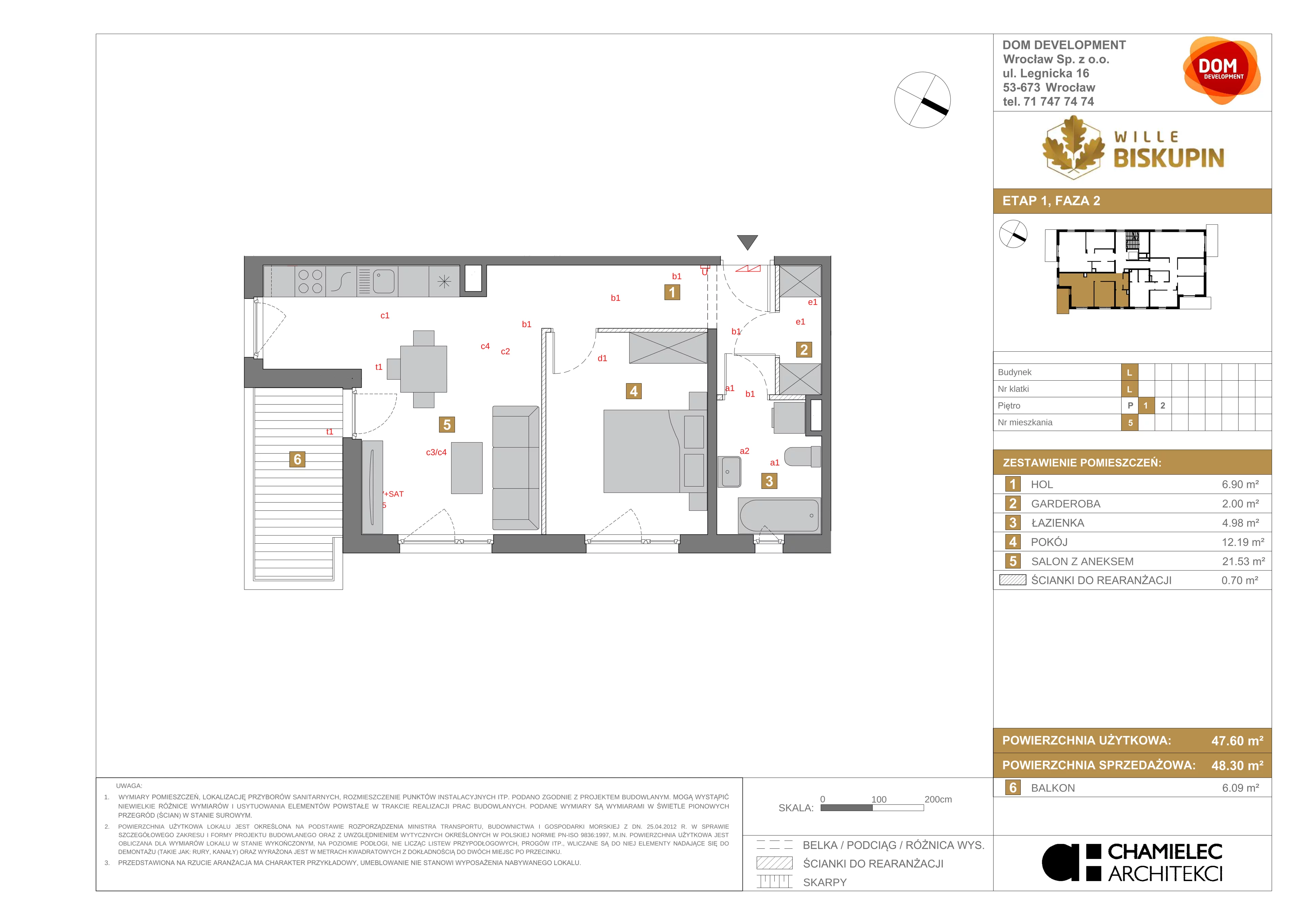 2 pokoje, mieszkanie 48,30 m², piętro 1, oferta nr L/5, Wille Biskupin, Wrocław, Biskupin-Sępolno-Dąbie-Bartoszowice, Śródmieście, ul. Braci Gierymskich 156