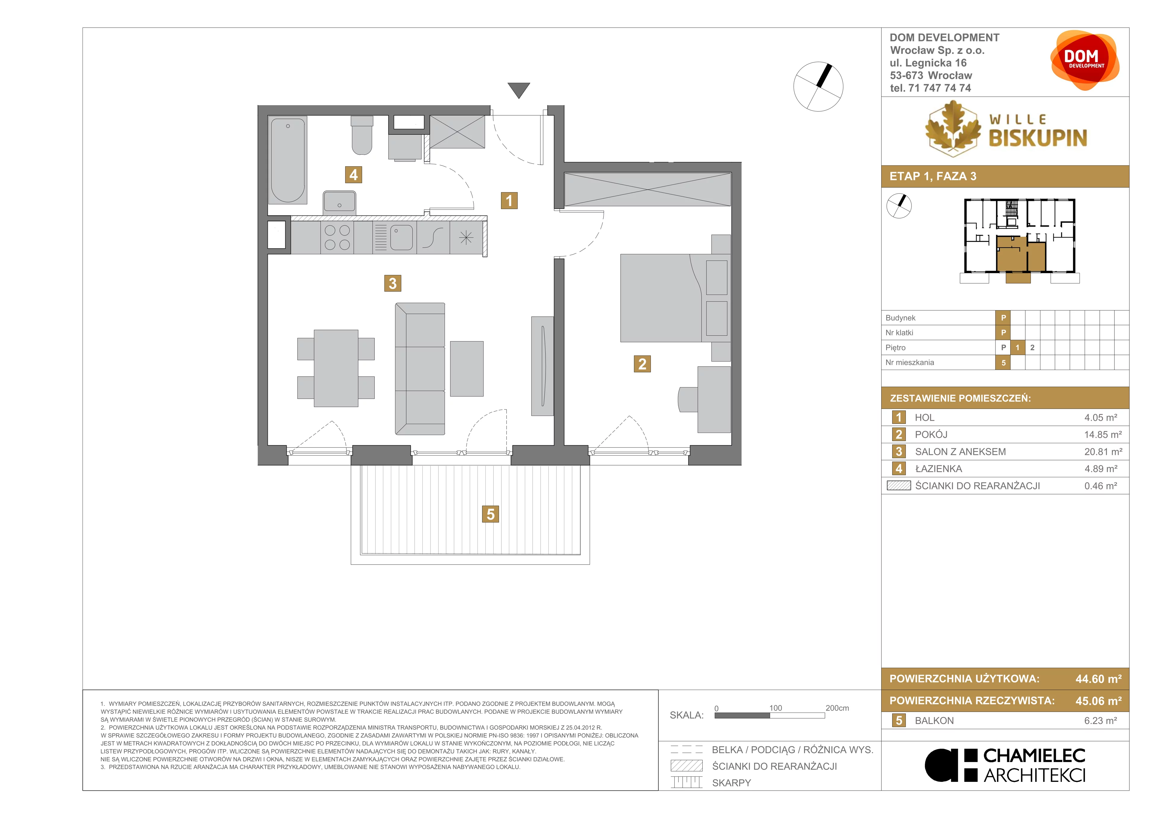 2 pokoje, mieszkanie 44,60 m², piętro 1, oferta nr P/5, Wille Biskupin etap 3, Wrocław, Biskupin-Sępolno-Dąbie-Bartoszowice, Śródmieście, ul. Braci Gierymskich