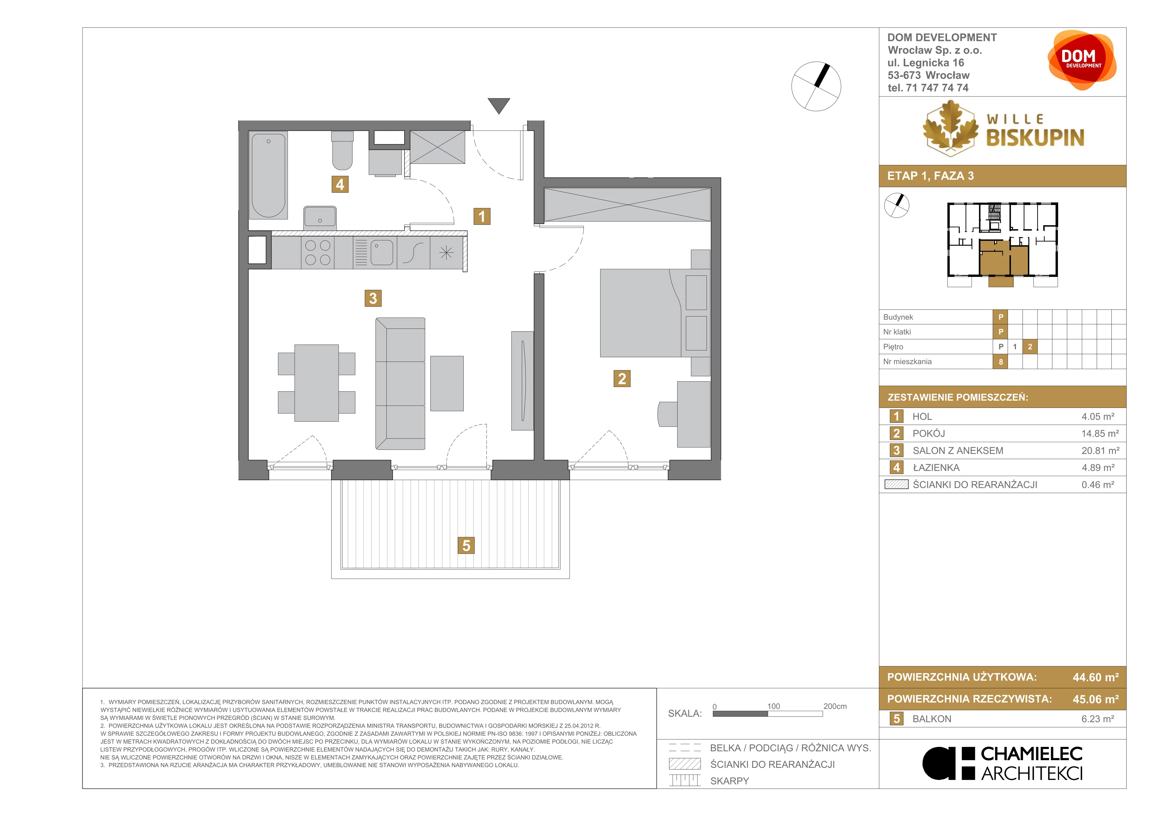 2 pokoje, mieszkanie 44,60 m², piętro 2, oferta nr P/8, Wille Biskupin etap 3, Wrocław, Biskupin-Sępolno-Dąbie-Bartoszowice, Śródmieście, ul. Braci Gierymskich
