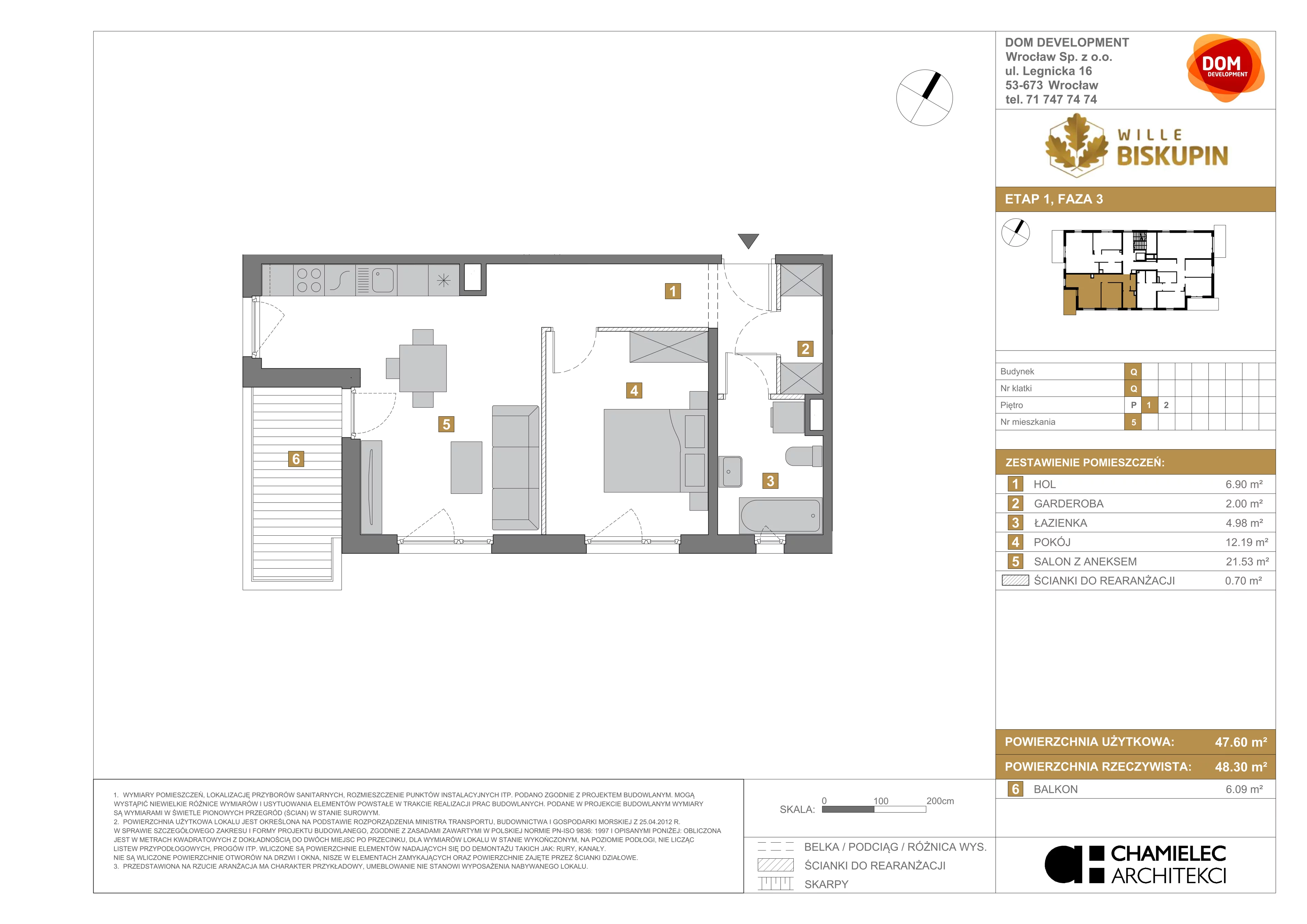 2 pokoje, mieszkanie 47,60 m², piętro 1, oferta nr Q/5, Wille Biskupin etap 3, Wrocław, Biskupin-Sępolno-Dąbie-Bartoszowice, Śródmieście, ul. Braci Gierymskich