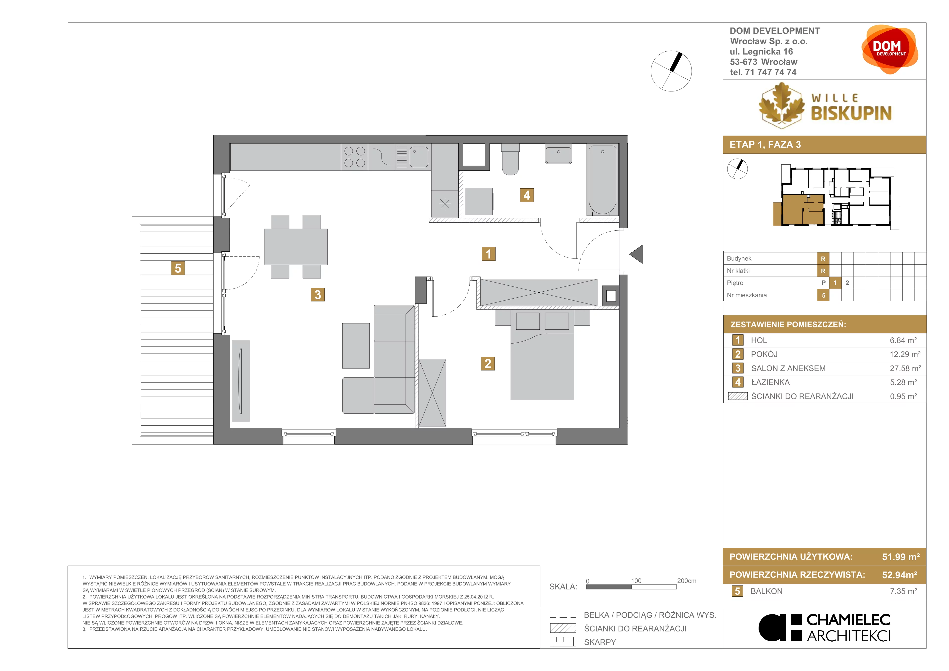 2 pokoje, mieszkanie 51,99 m², piętro 1, oferta nr R/5, Wille Biskupin etap 3, Wrocław, Biskupin-Sępolno-Dąbie-Bartoszowice, Śródmieście, ul. Braci Gierymskich