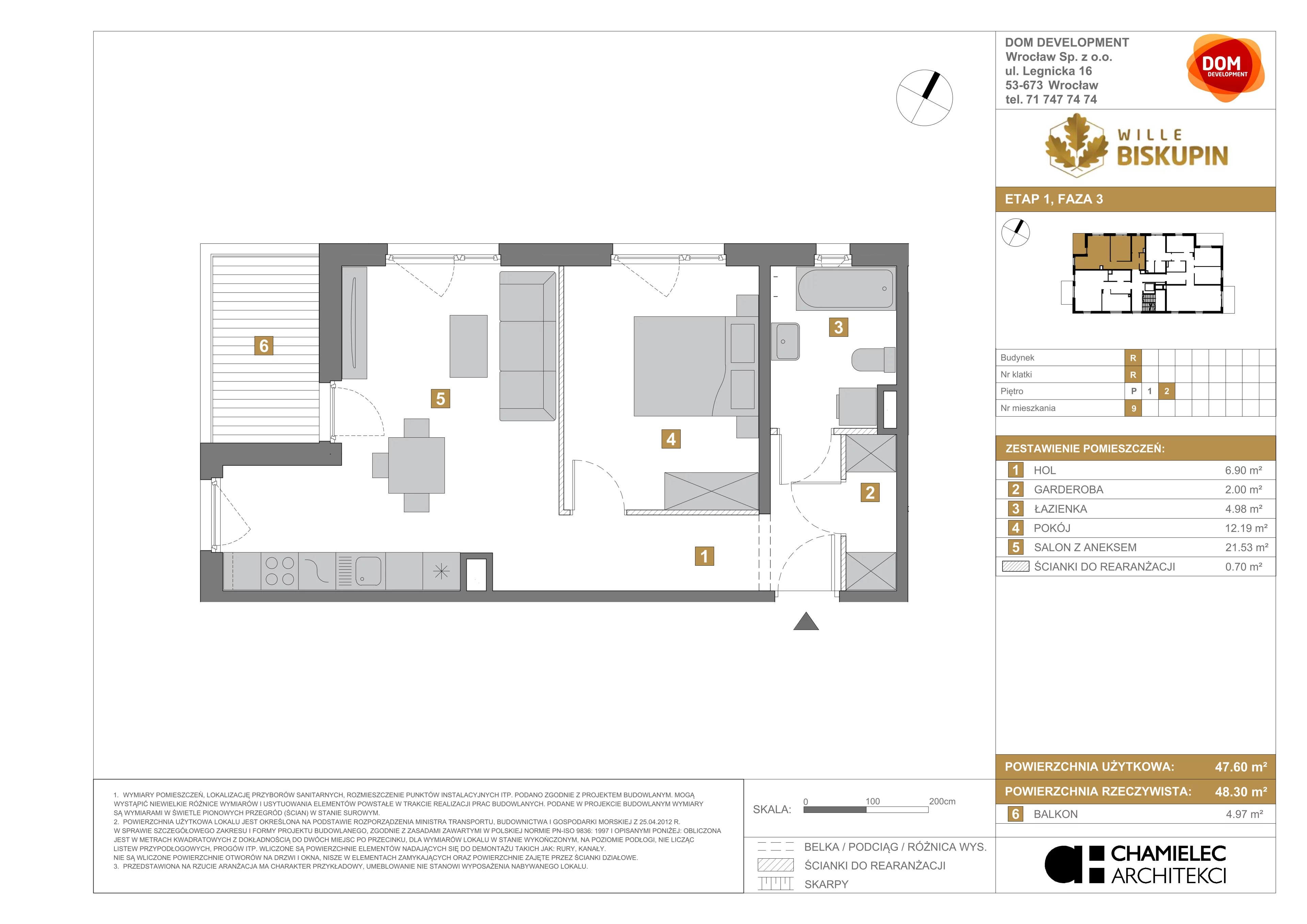 2 pokoje, mieszkanie 47,60 m², piętro 2, oferta nr R/9, Wille Biskupin etap 3, Wrocław, Biskupin-Sępolno-Dąbie-Bartoszowice, Śródmieście, ul. Braci Gierymskich