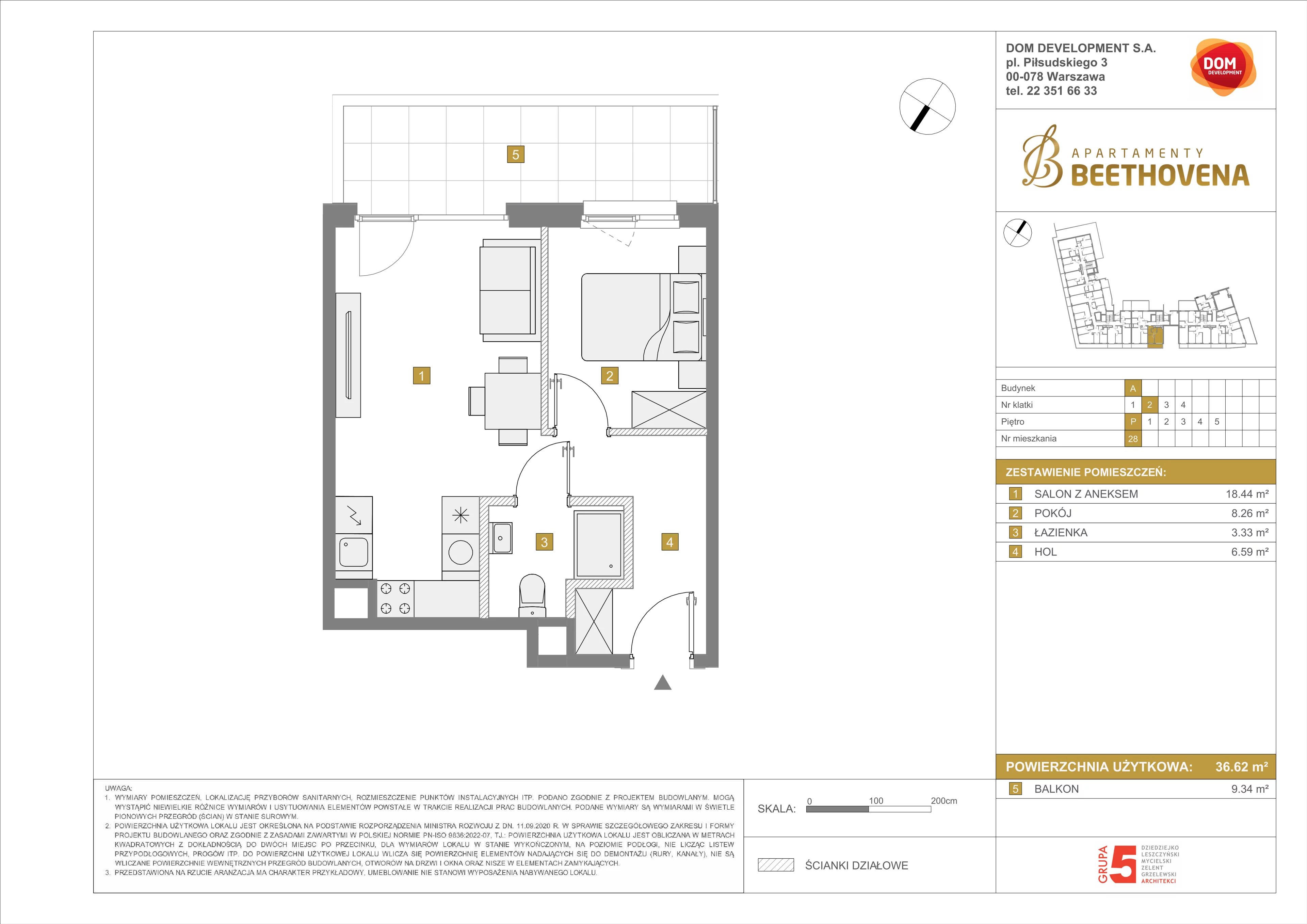 Mieszkanie 36,62 m², parter, oferta nr A/28, Apartamenty Beethovena, Warszawa, Mokotów, Sielce, ul. Dziekońskiego 4