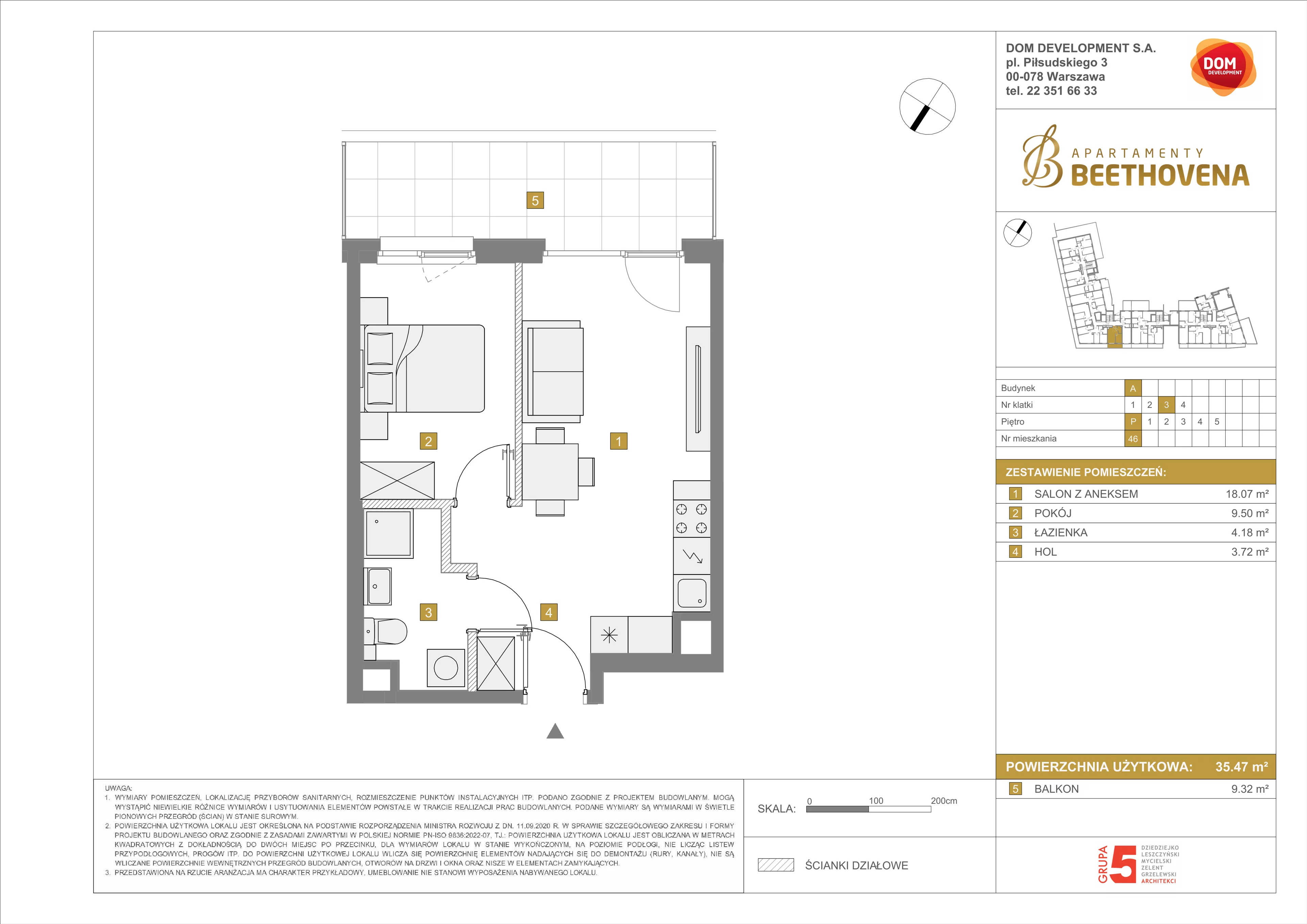 Mieszkanie 35,47 m², parter, oferta nr A/46, Apartamenty Beethovena, Warszawa, Mokotów, Sielce, ul. Dziekońskiego 4