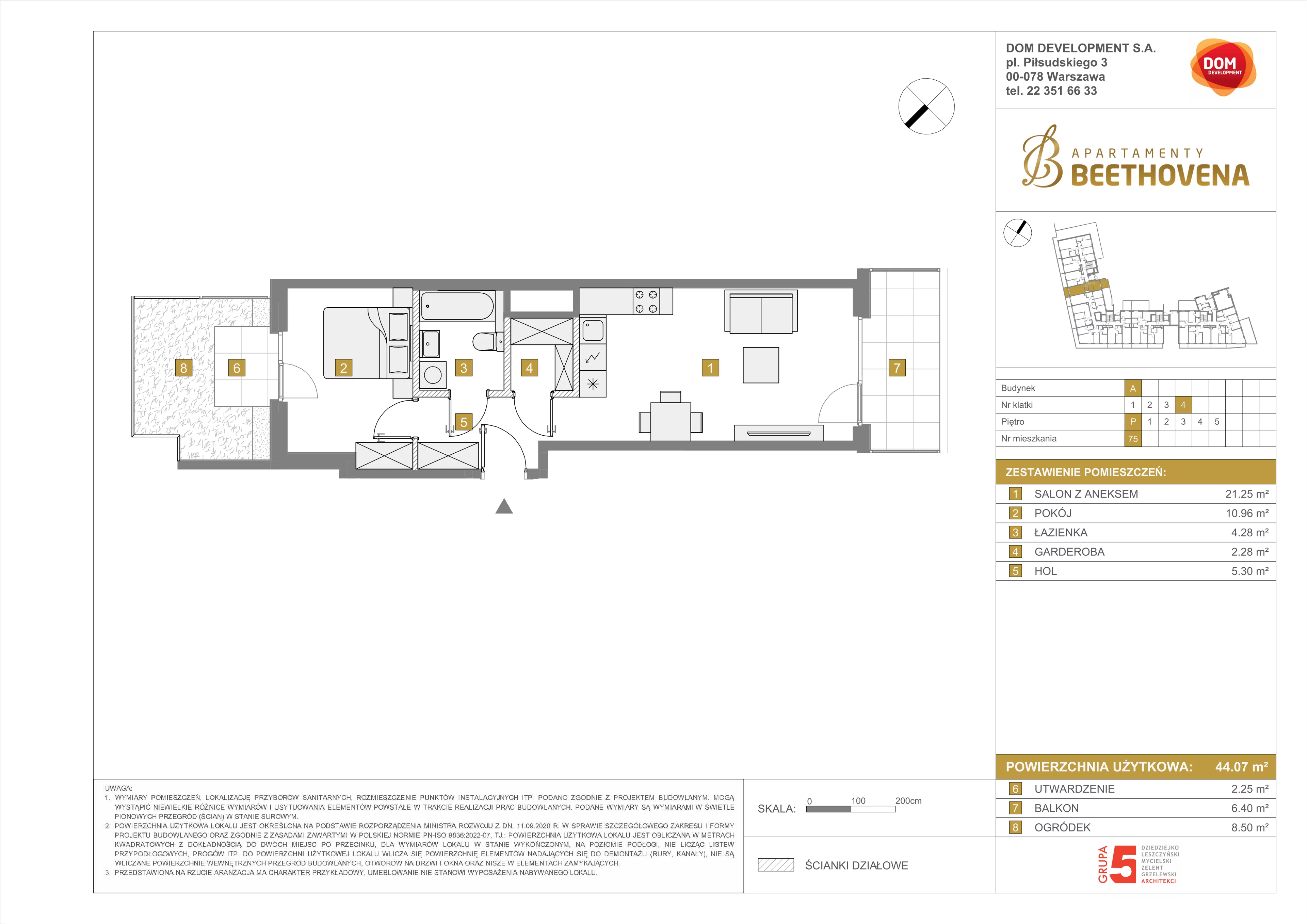 Mieszkanie 44,07 m², parter, oferta nr A/75, Apartamenty Beethovena, Warszawa, Mokotów, Sielce, ul. Dziekońskiego 4