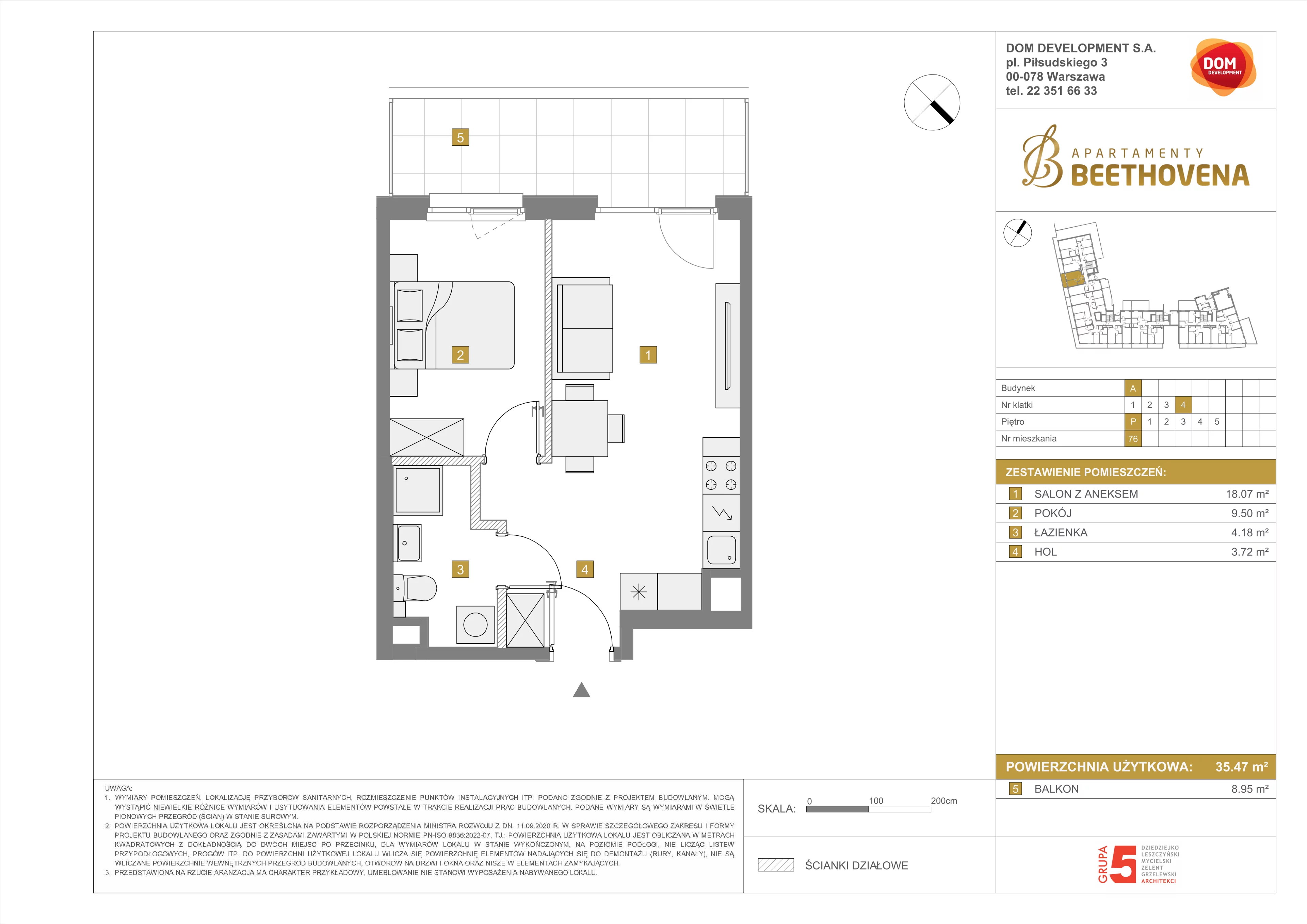 Mieszkanie 35,47 m², parter, oferta nr A/76, Apartamenty Beethovena, Warszawa, Mokotów, Sielce, ul. Dziekońskiego 4