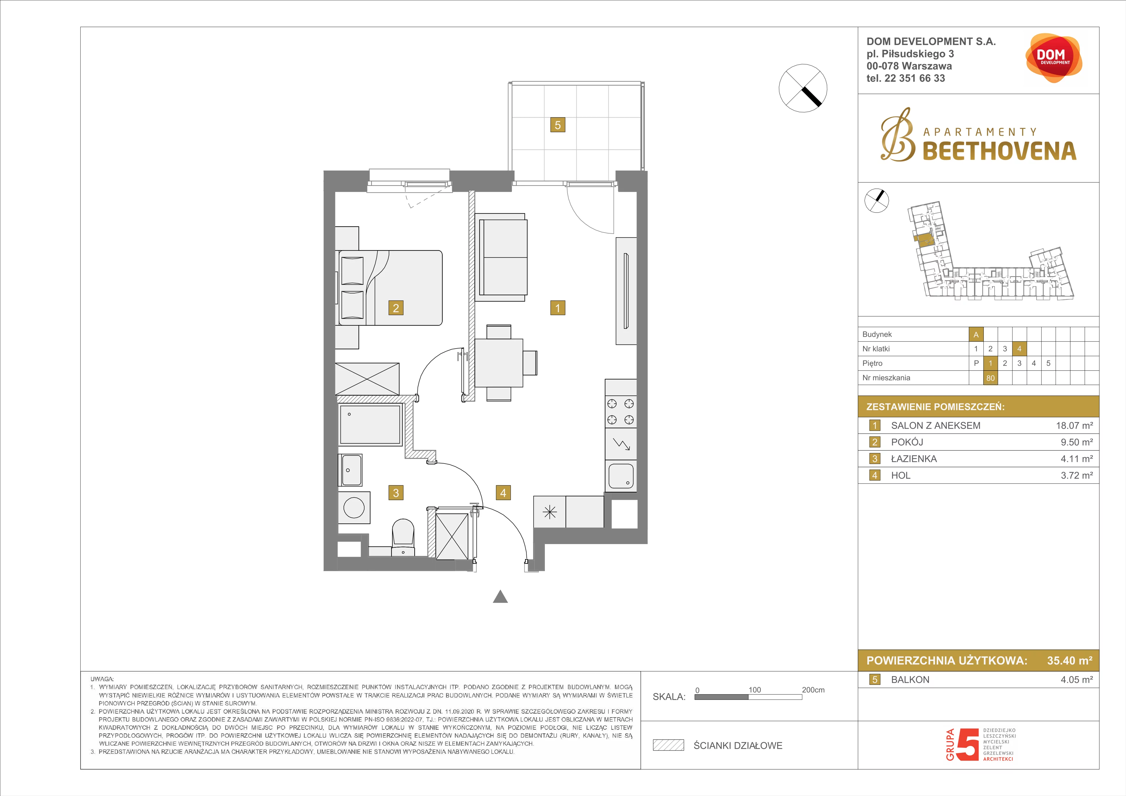 Mieszkanie 35,40 m², piętro 1, oferta nr A/80, Apartamenty Beethovena, Warszawa, Mokotów, Sielce, ul. Dziekońskiego 4