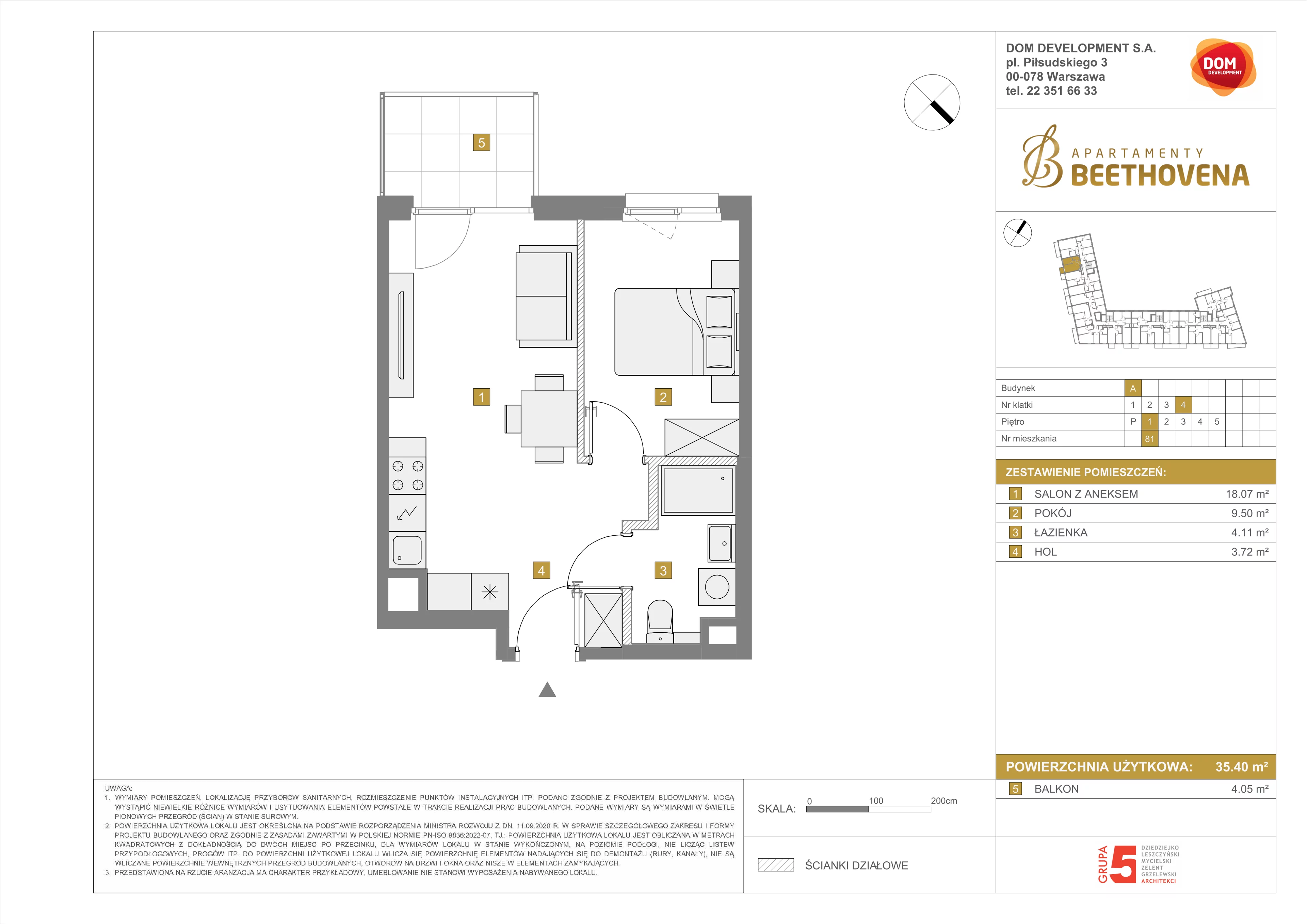 Mieszkanie 35,40 m², piętro 1, oferta nr A/81, Apartamenty Beethovena, Warszawa, Mokotów, Sielce, ul. Dziekońskiego 4