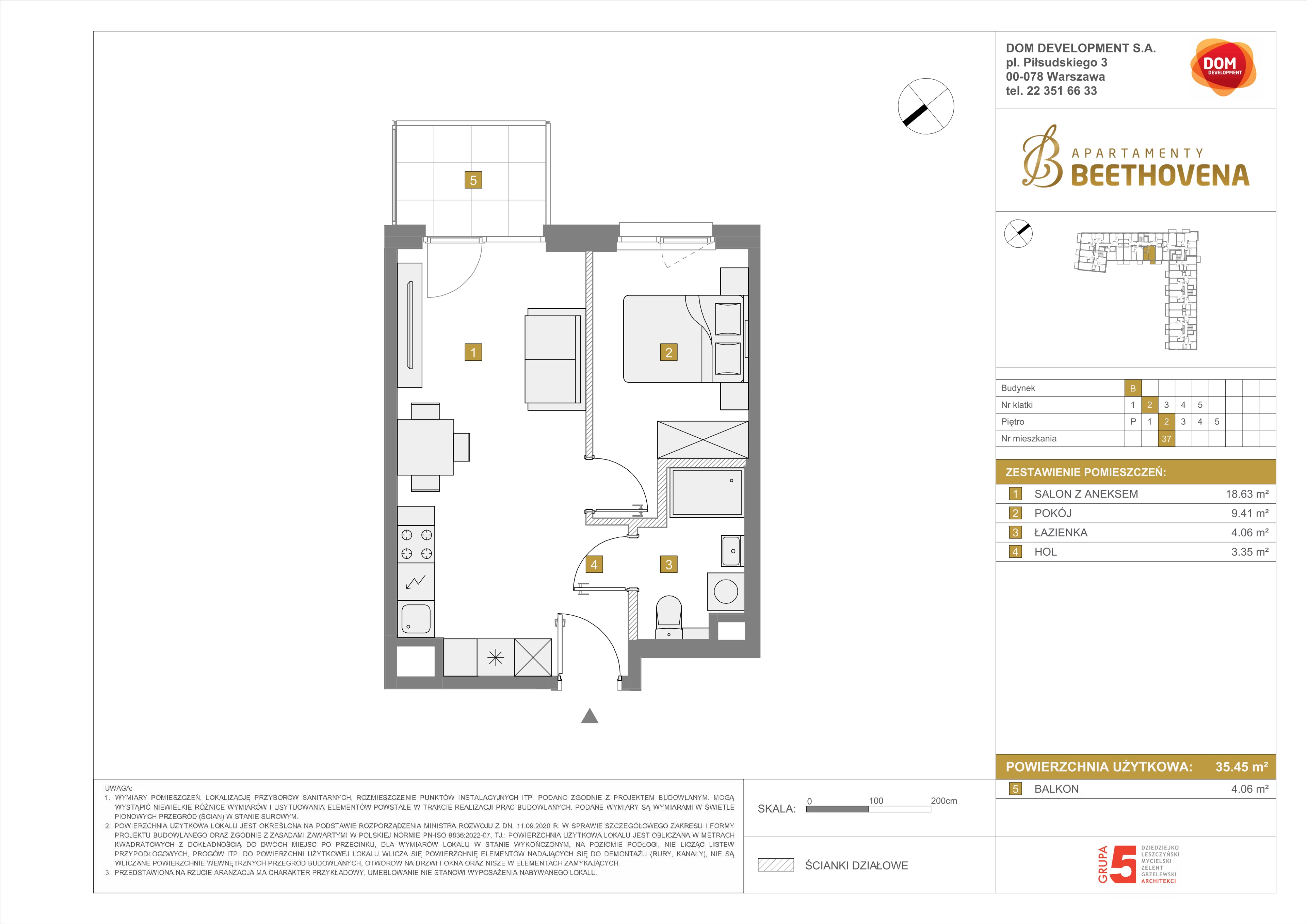 Mieszkanie 35,45 m², piętro 2, oferta nr B/37, Apartamenty Beethovena, Warszawa, Mokotów, Sielce, ul. Dziekońskiego 4