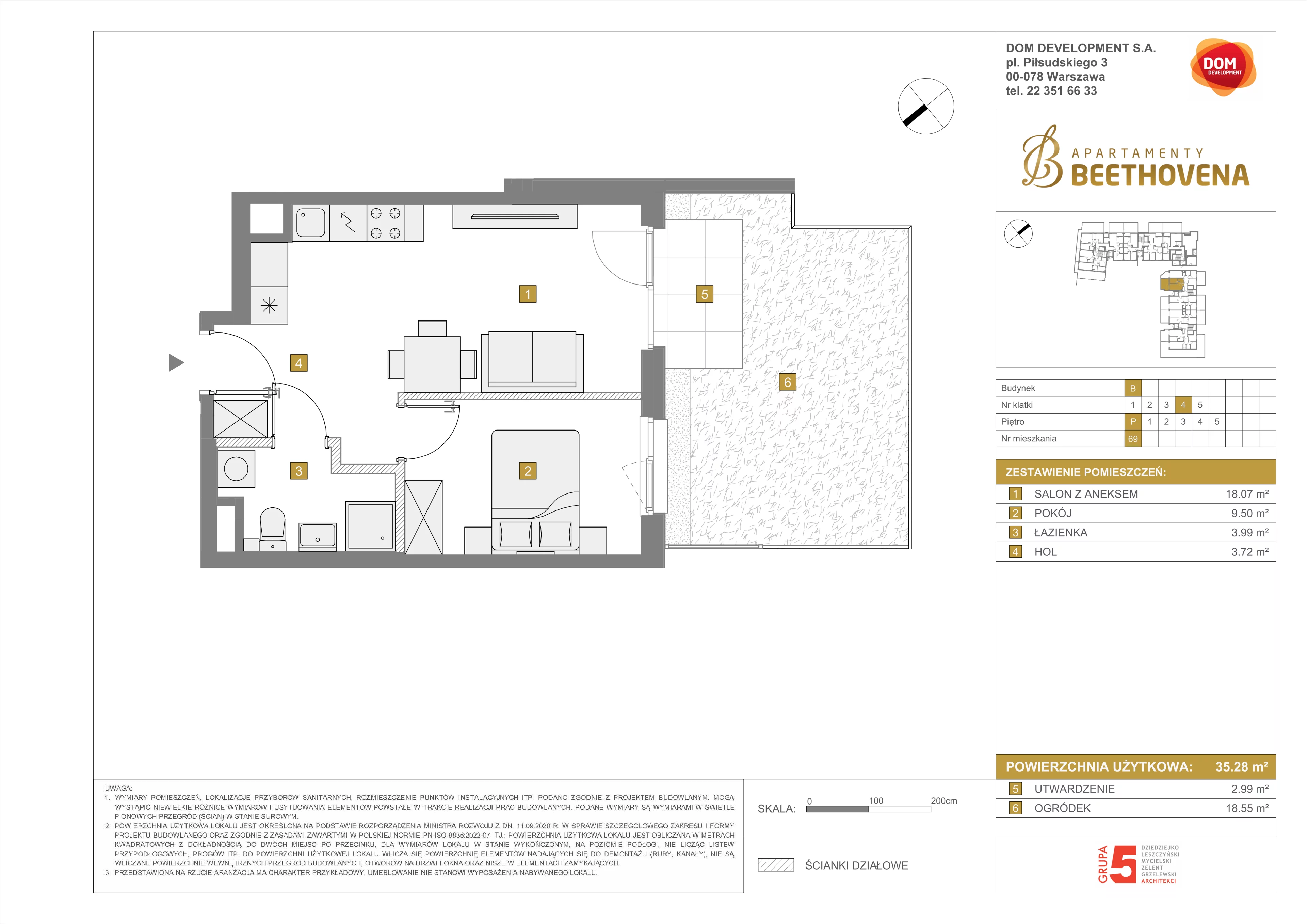 Mieszkanie 35,28 m², parter, oferta nr B/69, Apartamenty Beethovena, Warszawa, Mokotów, Sielce, ul. Dziekońskiego 4