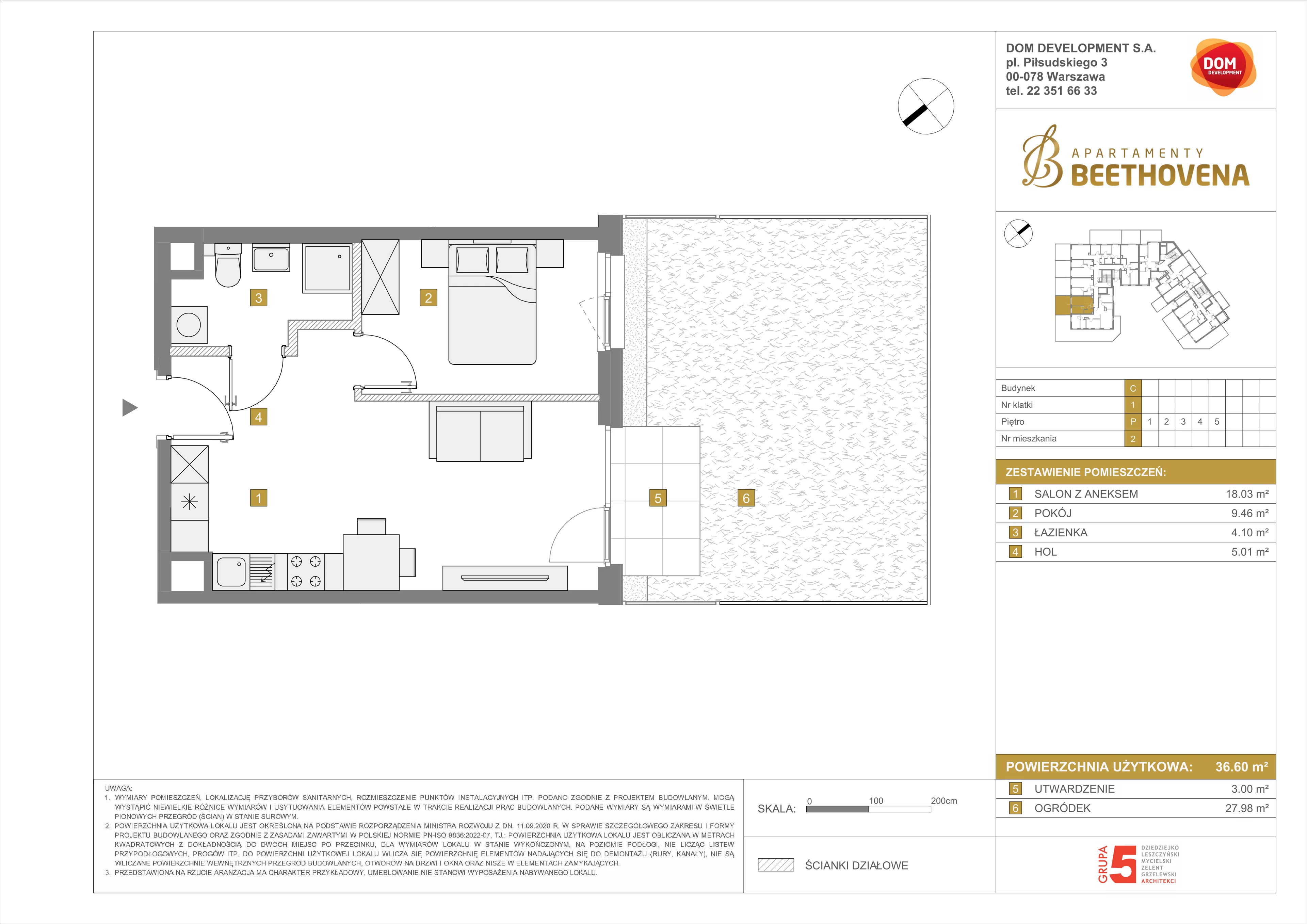 2 pokoje, mieszkanie 36,60 m², parter, oferta nr C/2, Apartamenty Beethovena, Warszawa, Mokotów, Sielce, ul. Dziekońskiego 4