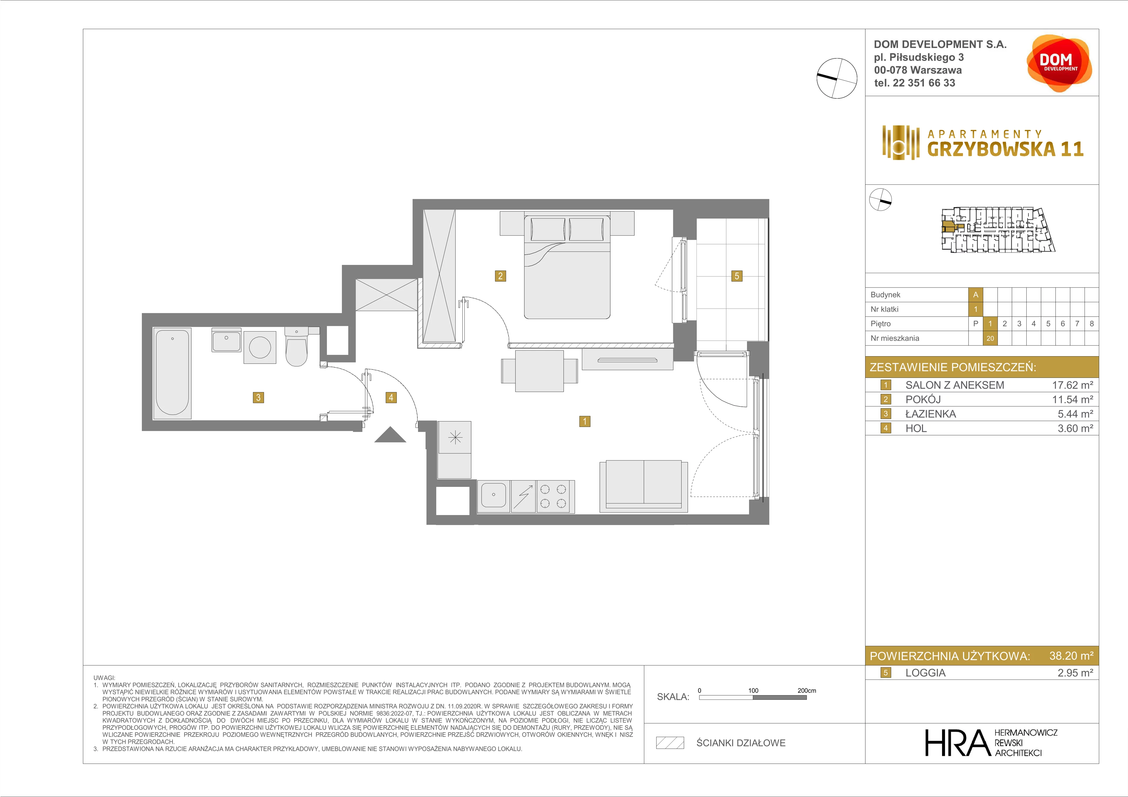2 pokoje, apartament 38,20 m², piętro 1, oferta nr A/20, Apartamenty Grzybowska 11, Warszawa, Śródmieście, Śródmieście Północne, ul. Grzybowska 11