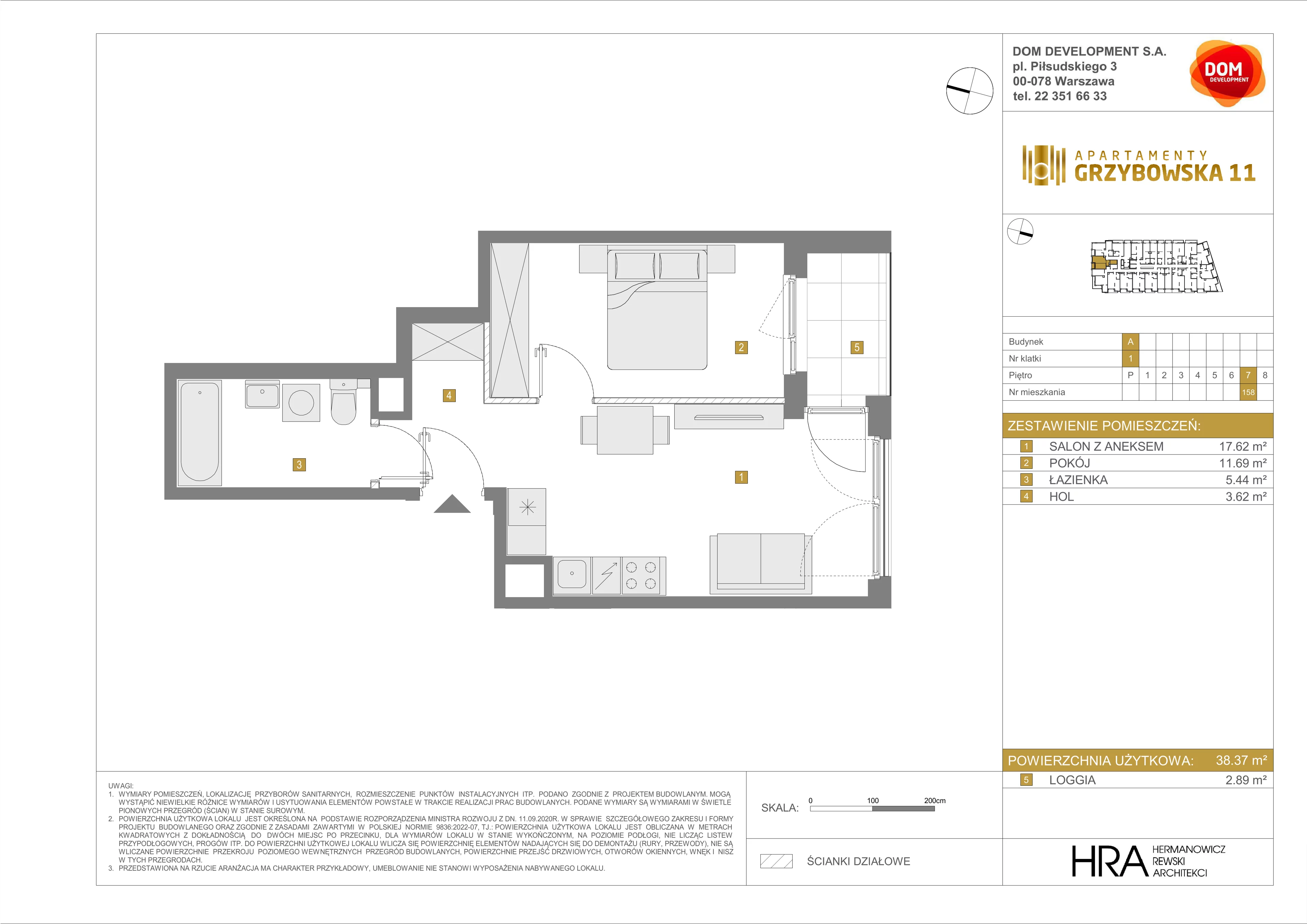2 pokoje, mieszkanie 38,37 m², piętro 7, oferta nr A/158, Apartamenty Grzybowska 11, Warszawa, Śródmieście, Śródmieście Północne, ul. Grzybowska 11